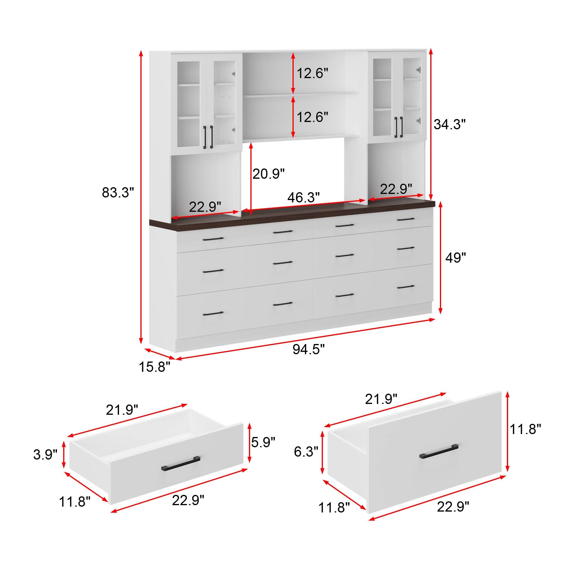 The text on the image is grouped and corrected as follows:

12.6" T 12.6" T 34.3" 83.3" 22.9" 20.9" 46.3" 22.9" 49" 15.8" 94.5" 3.9" 21.9" 5.9" 6.3" 21.9" 11.8" 11.8" 22.9" 11.8" 22.9"
