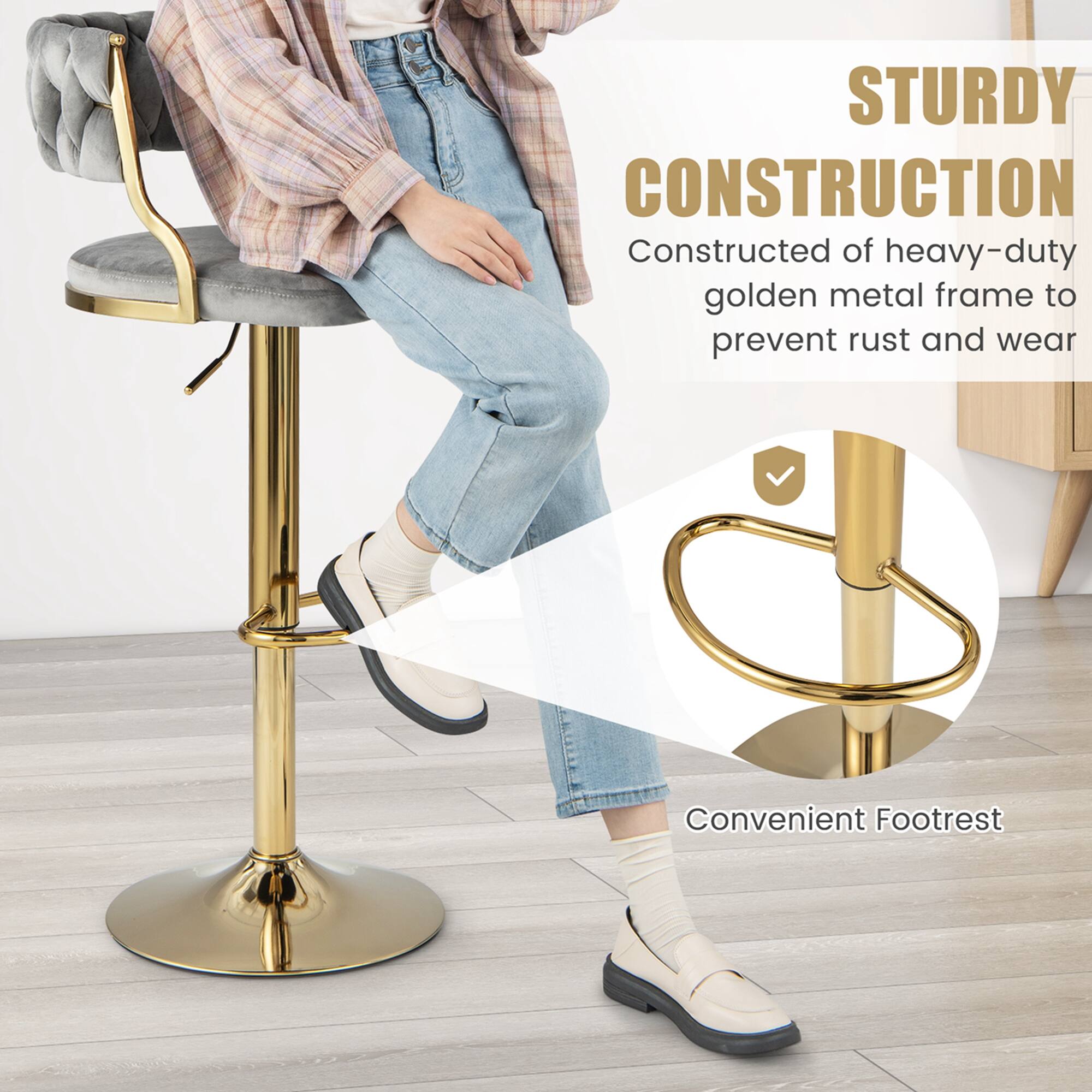 STURDY CONSTRUCTION: Constructed of heavy-duty golden metal frame to prevent rust and wear. Convenient Footrest.