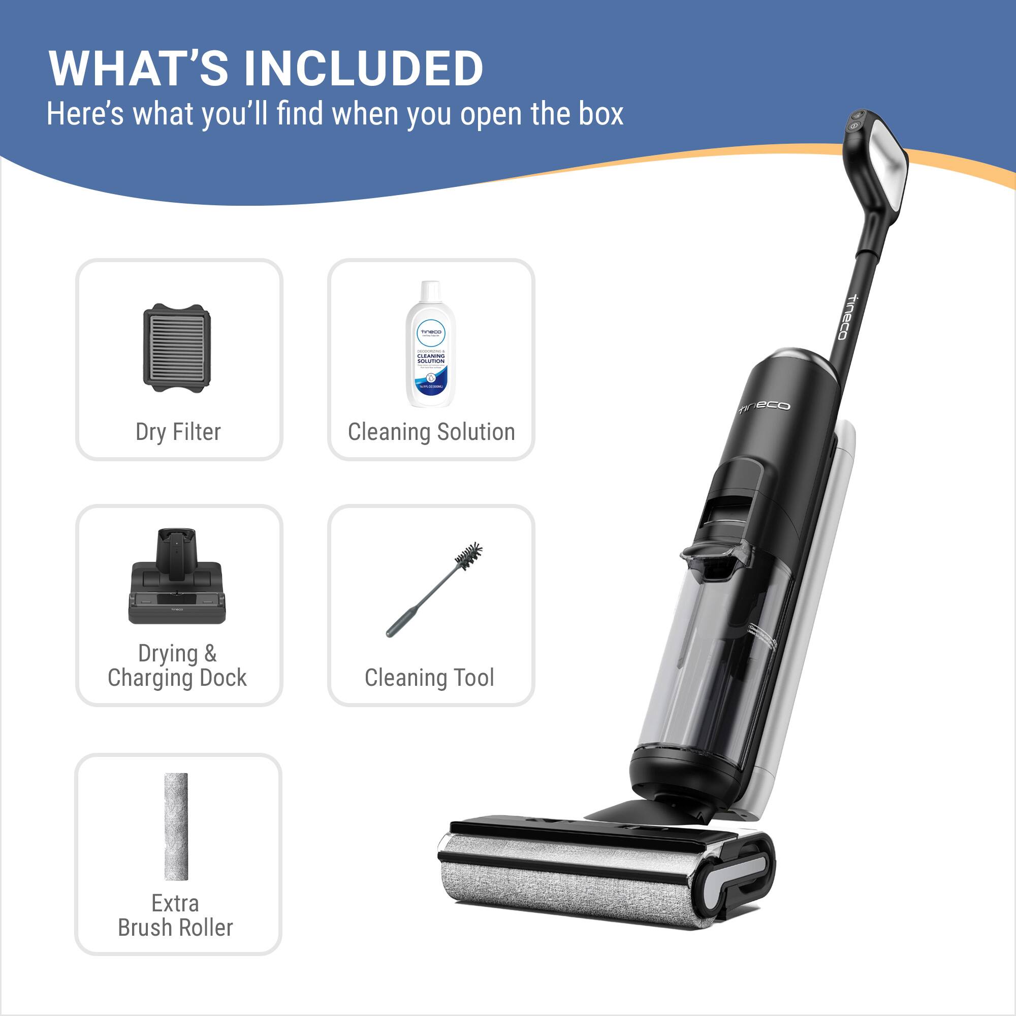 WHAT'S INCLUDED  
Here's what you'll find when you open the box

- Dry Filter
- Cleaning Solution
- Drying & Charging Dock
- Cleaning Tool
- Extra Brush Roller