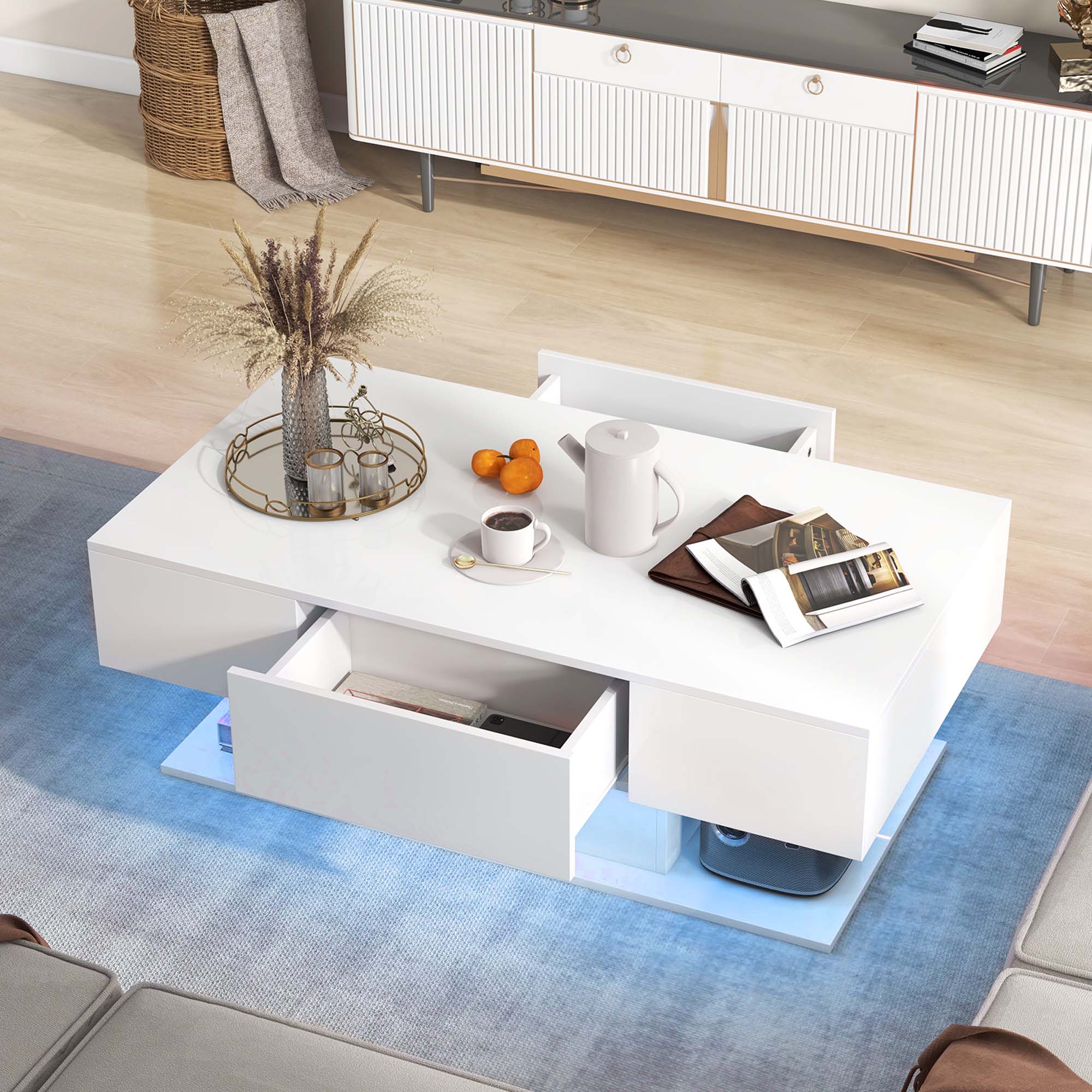 Alt View 15. Costway - LED Coffee Table with 2 Drawers 20-Color Dimmable LED Lights & Remote Control White - White.