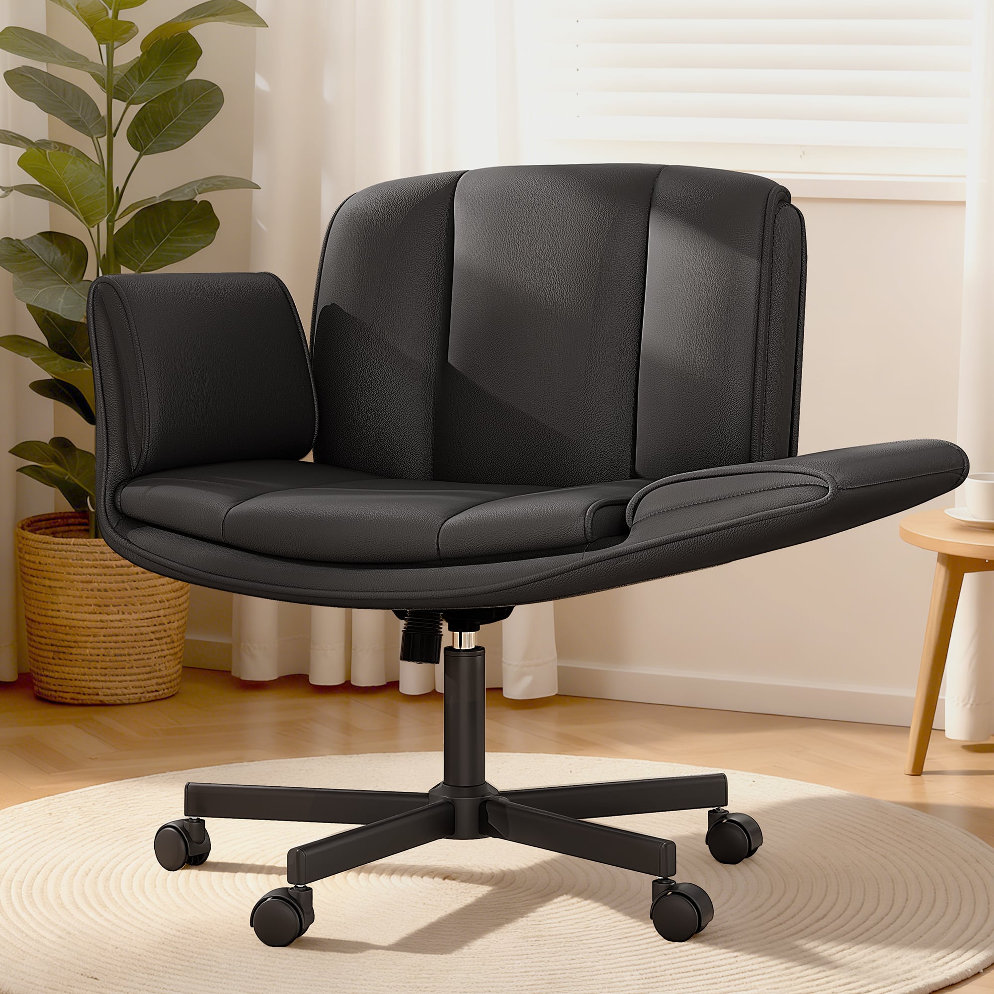 Front. KERDOM - 4 in 1 Cross-Legged Chair with Wheels & Expandable Arms, PU Leather Wide Seat Vanity Chair, Home Office Computer Chair - Black.