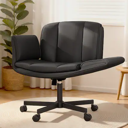 Front. KERDOM - 4 in 1 Cross-Legged Chair with Wheels & Expandable Arms, PU Leather Wide Seat Vanity Chair, Home Office Computer Chair - Black.