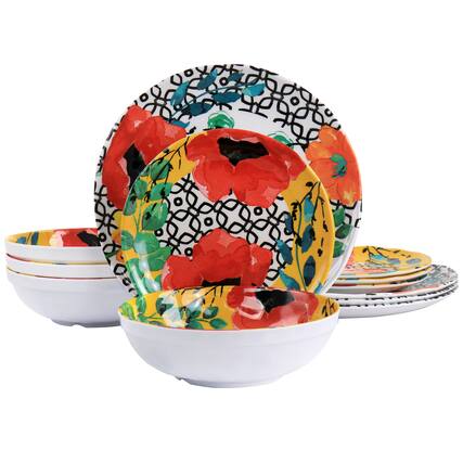 Front. Elama - Elama Grace 12 Piece Melamine Dinnerware Set - Multi.