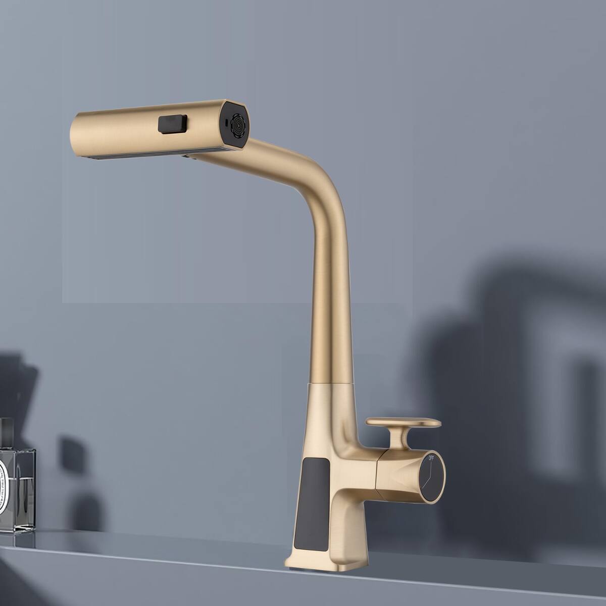 Angle. Ropilly - Ropilly Brushed Gold Kitchen Faucet with Temperature Display, Waterfall Pull Down Sprayer, Single Handle - Brushed Gold.