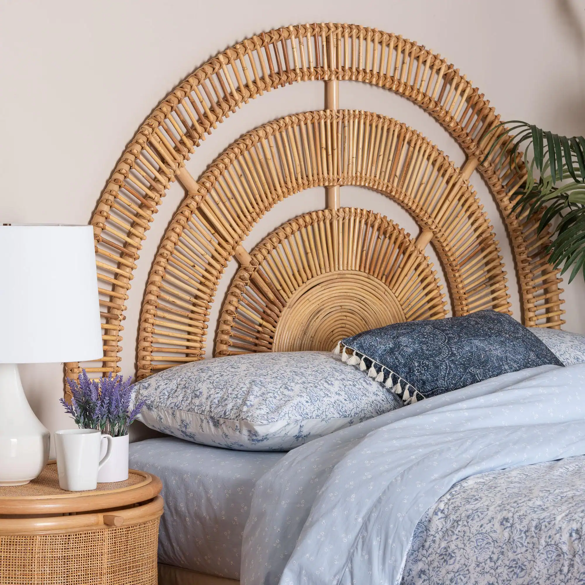 Alt View 1. bali & pari - Luna Natural Rattan Headboard - Handwoven Wicker Wall-Mount Headboard in Half-Moon Shape, Coastal Boho Bedroom, Queen - Natural Brown.
