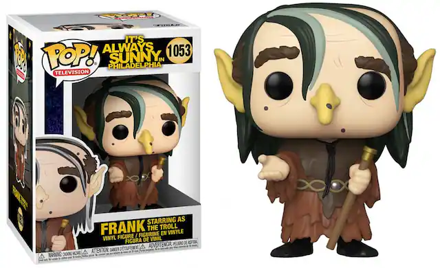 **Funko Pop!**
**1053**
**It's Always Sunny in Philadelphia**
**Television**
**Frank Starring as The Troll**
**Vinyl Figure / Figura de Vinilo / Figura de Vinil / Figura de Vinil**
**Warning: Choking Hazard - Small parts. Not for children under 3 years.**
**Attention: Danger de suffocation - Petite pièce. Ne convient pas aux enfants de moins de 3 ans.**
**Advertencia: Peligro de asfixia - Piezas pequeñas. No es adecuado para niños menores de 3 años.**