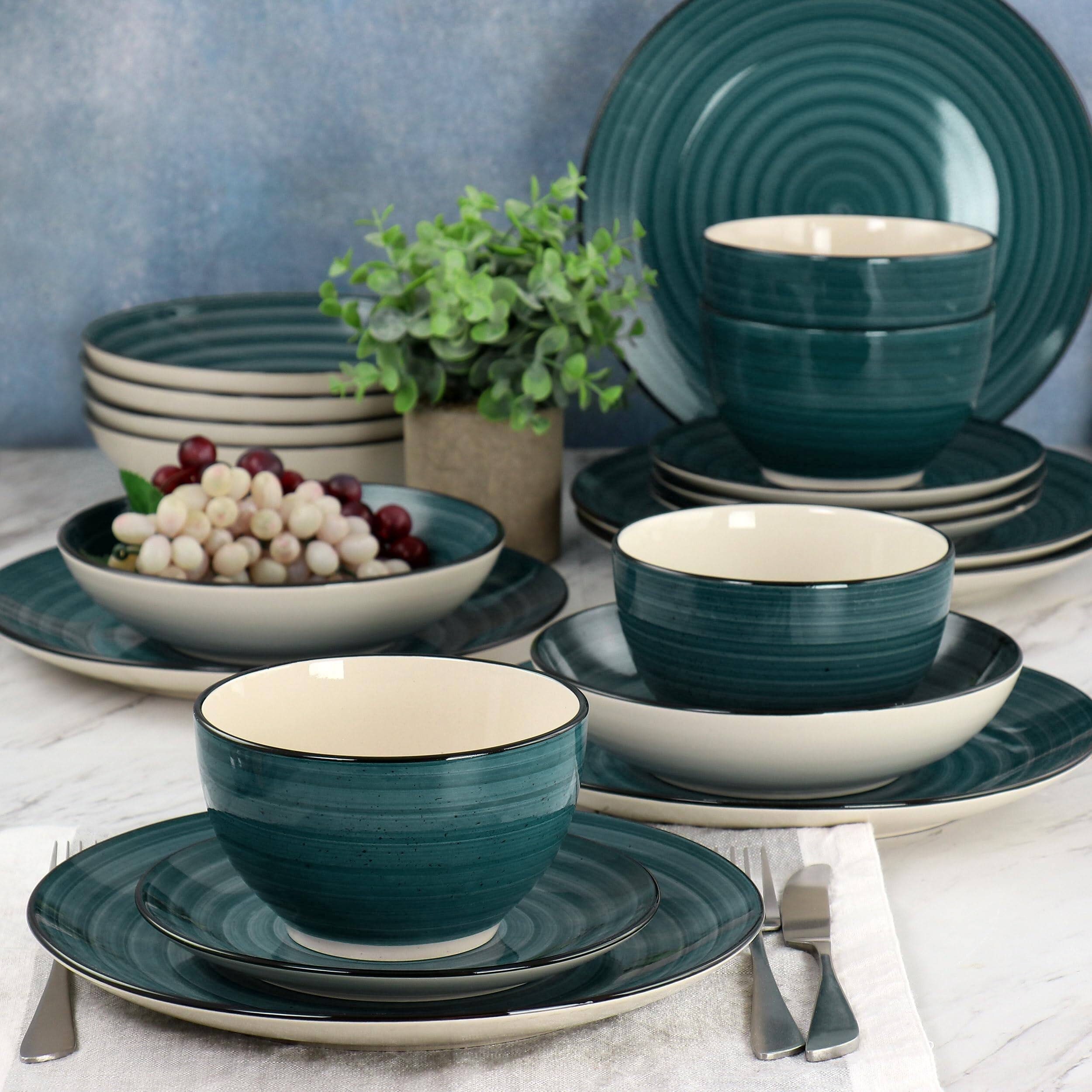 Alt View 2. Dazzed Corner - 24 Piece Round Stoneware Dinnerware Set - Dark Green.