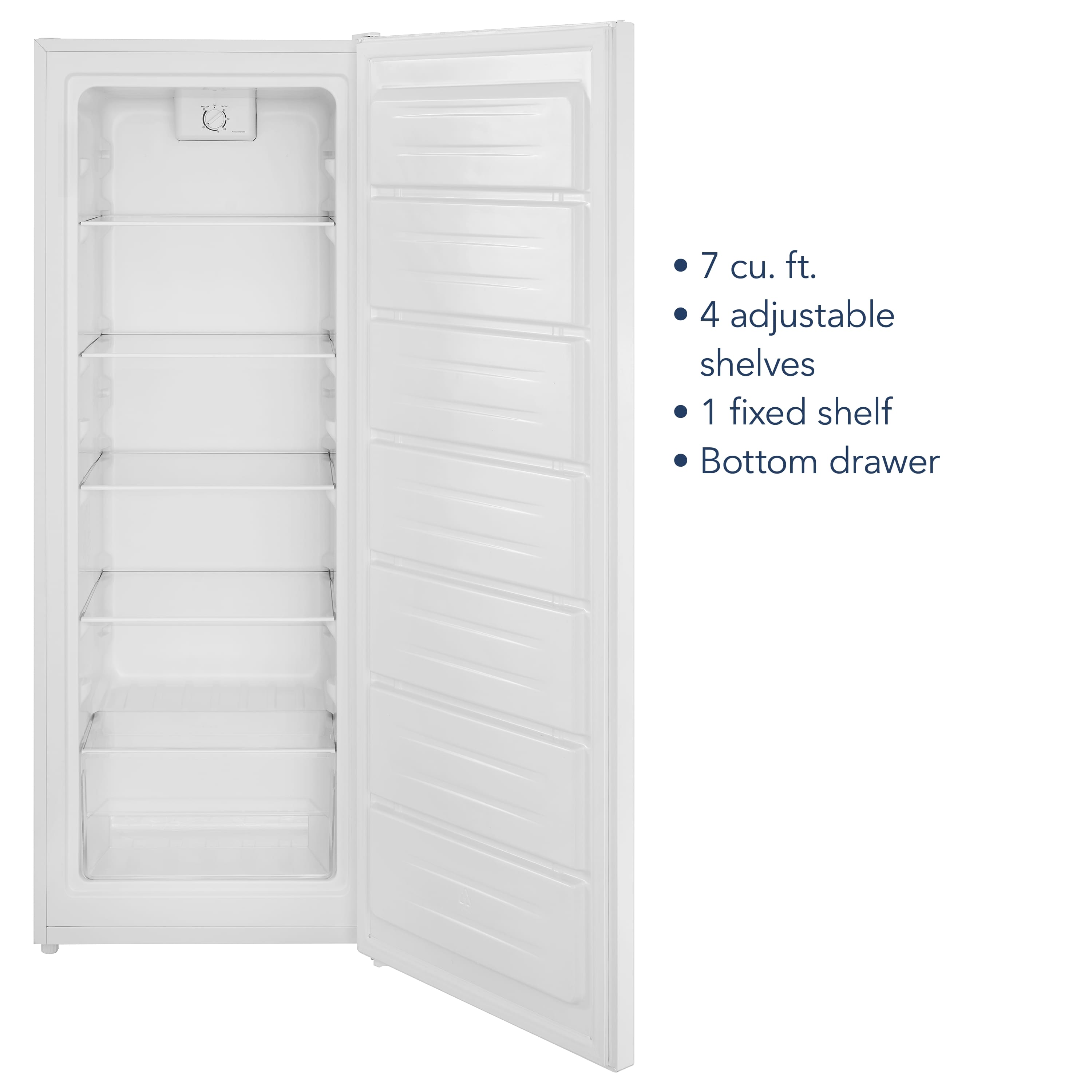 The text on the image reads: "7 cu. ft. 4 adjustable shelves 1 fixed shelf Bottom drawer."