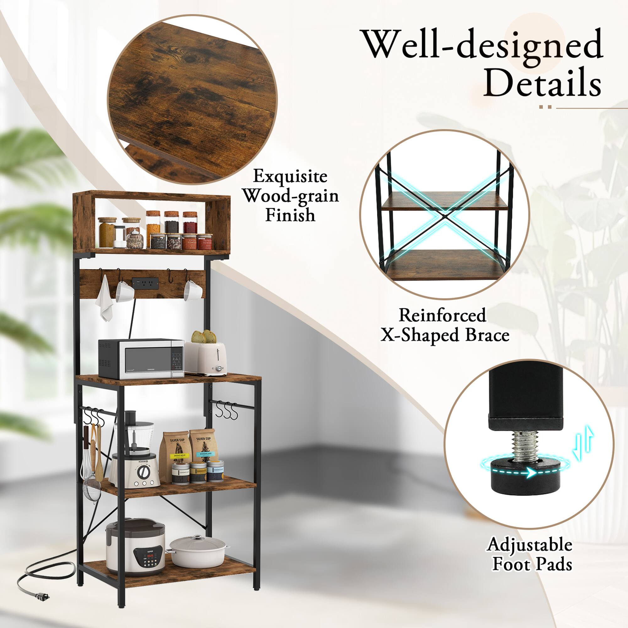 Well-designed Details

- Exquisite Wood-grain Finish
- Reinforced X-Shaped Brace
- Adjustable Foot Pads