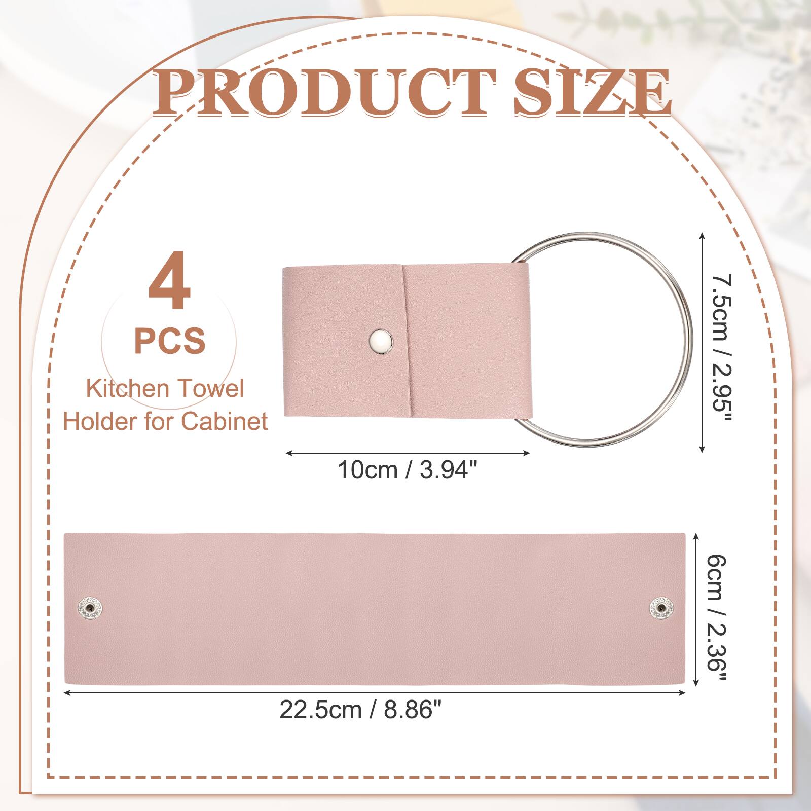 PRODUCT SIZE

4 PCS Kitchen Towel Holder for Cabinet

10cm / 3.94"  
7.5cm / 2.95"  
22.5cm / 8.86"  
6cm / 2.36"