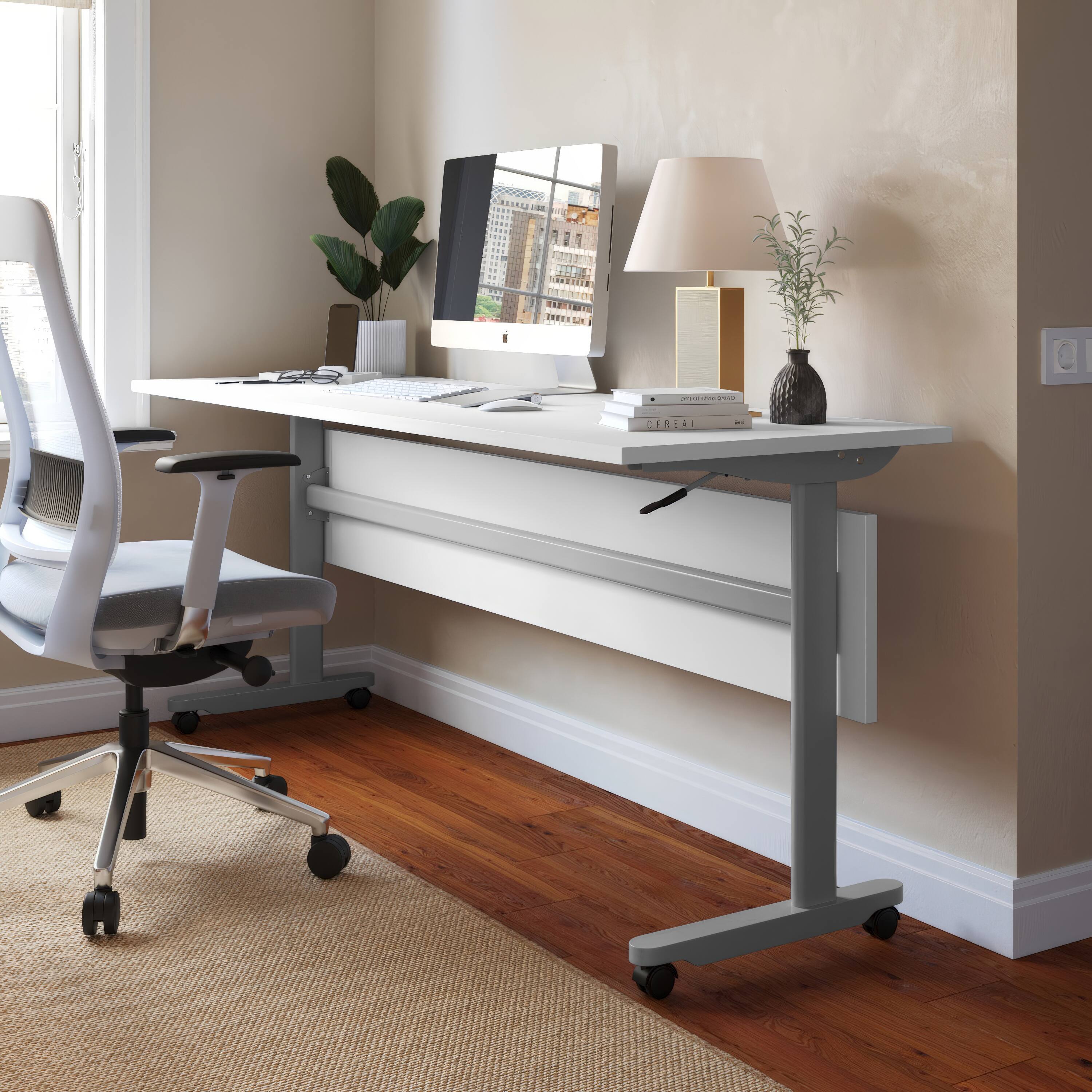 Alt View 1. Emma + Oliver - Hahn Heavy-Duty Flip Top Training Table with Nesting Design, Privacy Panel, T-Legs, Tabletop, Metal Frame - White Top/Gray Frame.