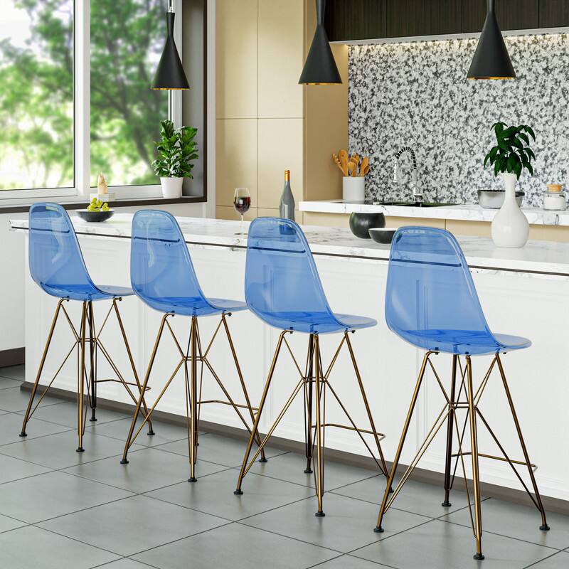 Back. LeisureMod - Cresco Modern Acrylic Barstool, Clear Swivel Counter Height Stool with Gold Chrome Base Footrest - Transparent Blue.