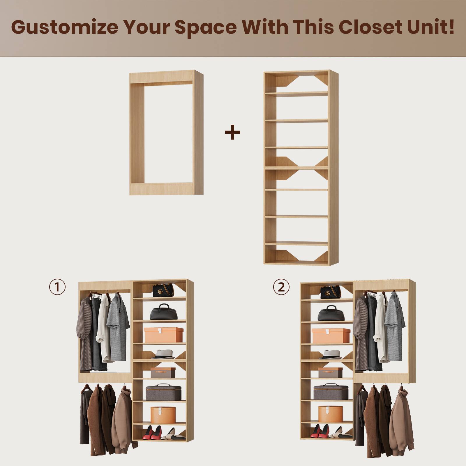 Customize Your Space With This Closet Unit!

1. [Image of a fully assembled closet unit with clothes, bags, and shoes]

2. [Image of a partially assembled closet unit with shelves and hanging space]