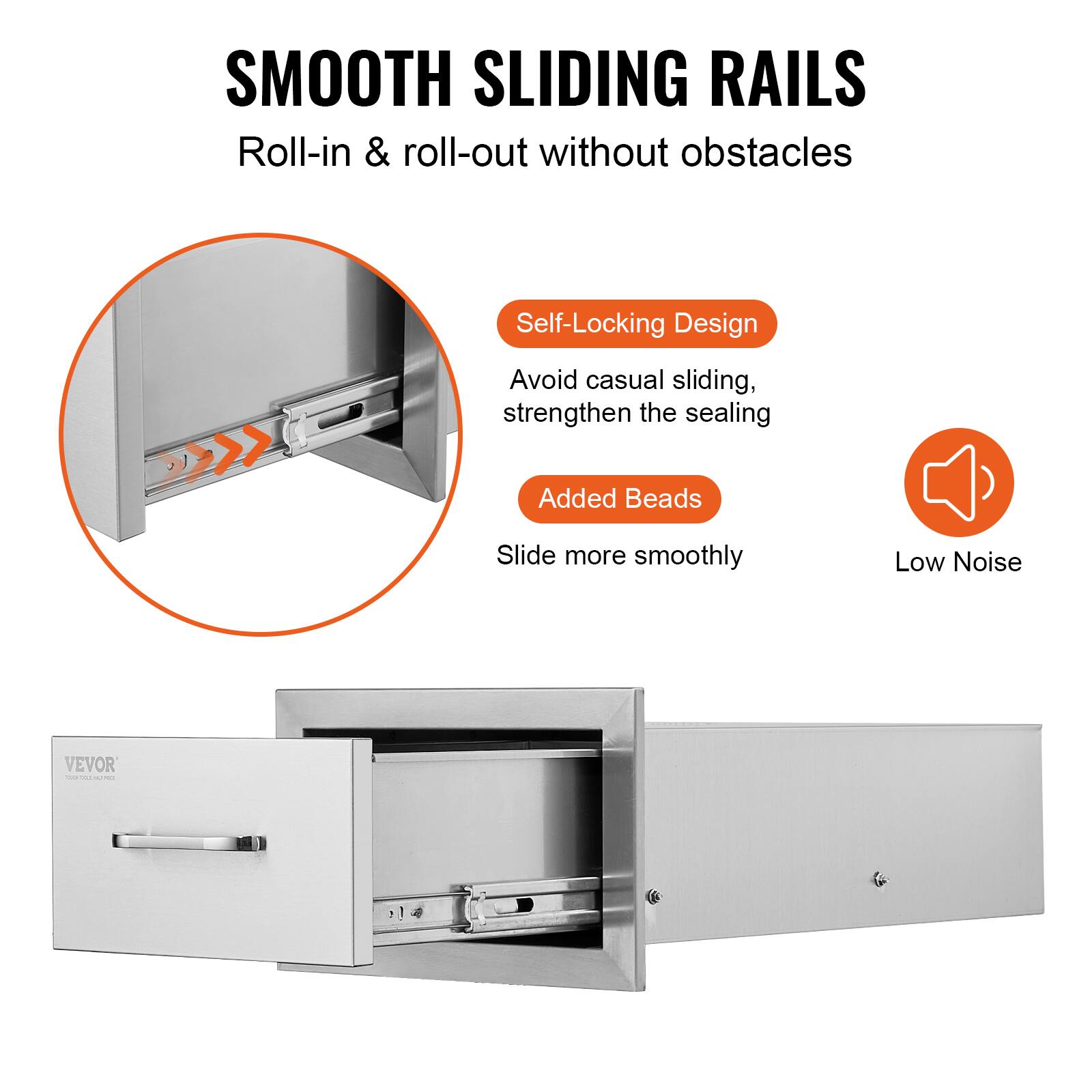 SMOOTH SLIDING RAILS  
Roll-in & roll-out without obstacles  

Self-Locking Design  
Avoid casual sliding, strengthen the sealing  

Added Beads  
Slide more smoothly  

Low Noise  

VEVOR