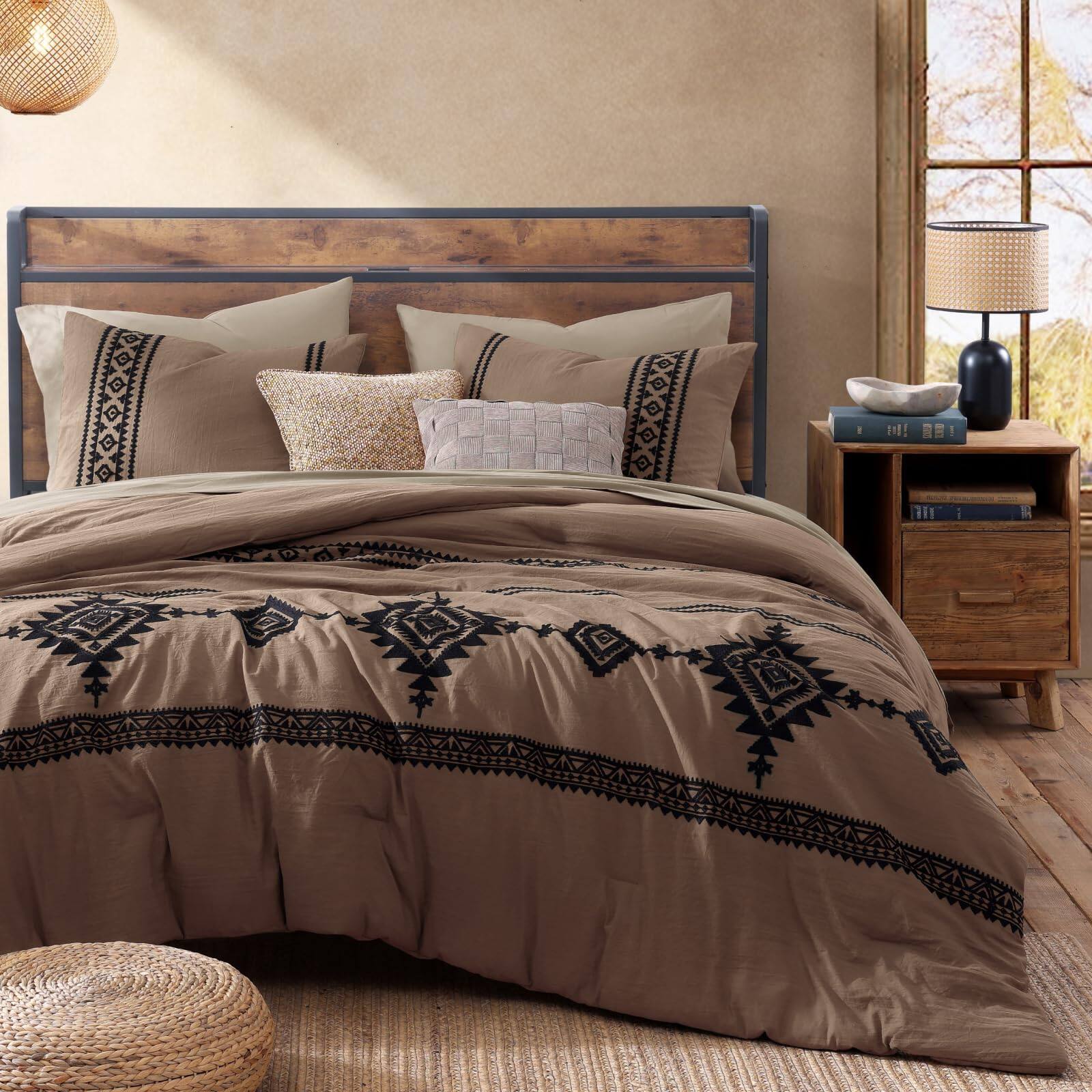 Alt View 8. Dapper Styles - Embroidery Comforter Set Boho Farmhouse Western Bedding All Season Bed In A Bag With Sheets Pillowcases Shams - Navy-King 7 Piece.