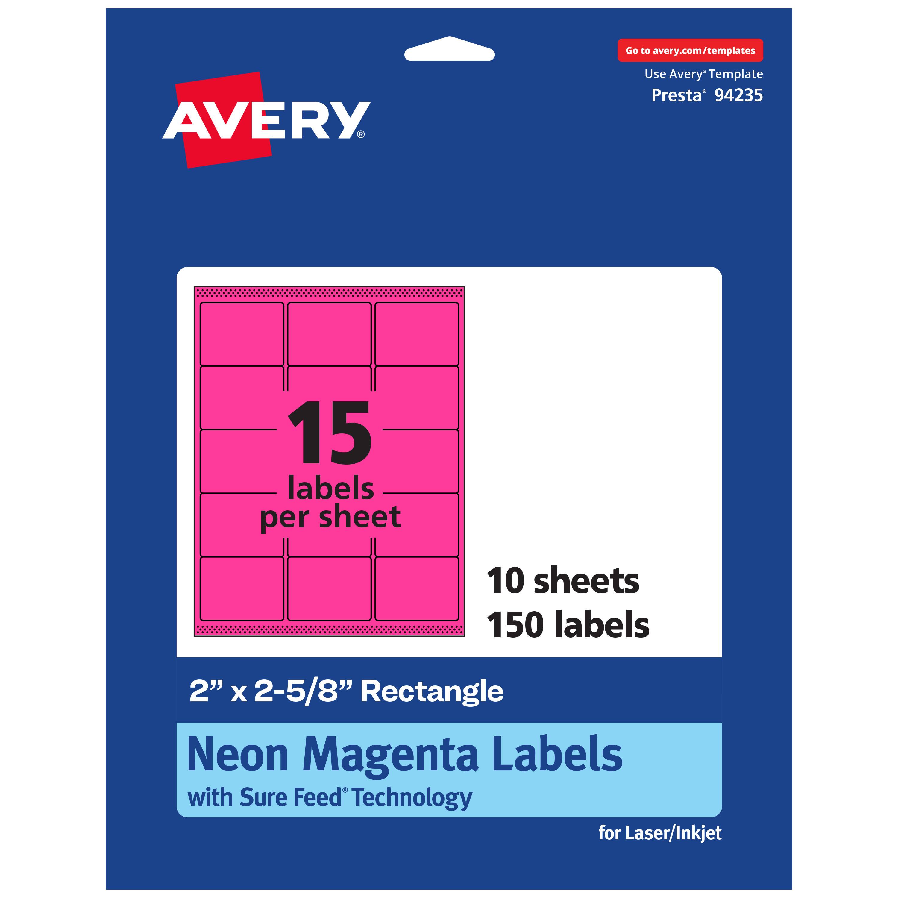 Go to avery.com/templates  
Use Avery Template Presta® 94235  
15 labels per sheet  
10 sheets  
150 labels  
2" x 2-5/8" Rectangle Neon Magenta Labels with Sure Feed Technology for Laser/Inkjet