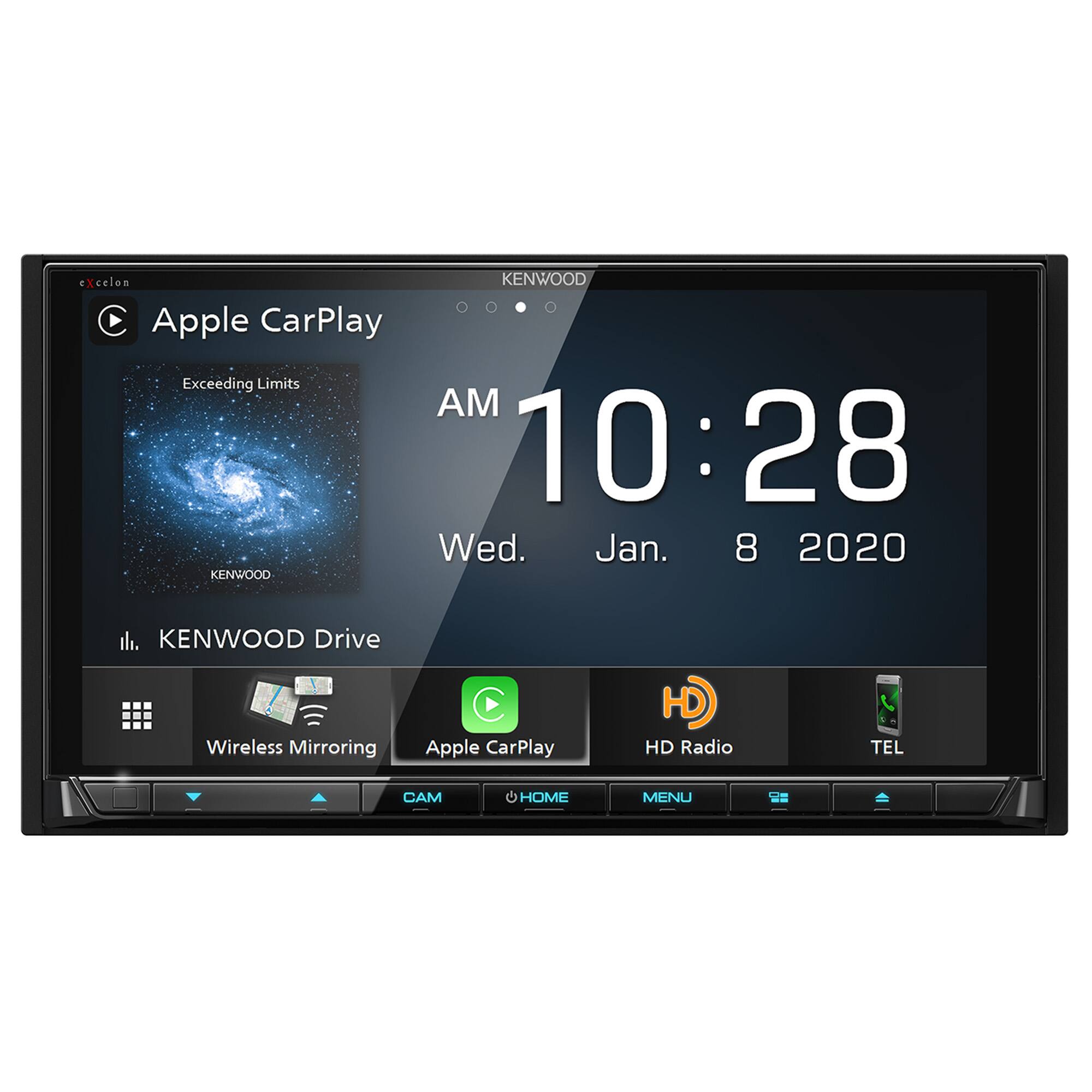 Apple CarPlay  
Exceeding Limits  

AM 10:28  
Wed. Jan. 8 2020  

KENWOOD Drive  
Wireless Mirroring  
Apple CarPlay  
HD Radio  
TEL  

CAM  
HOME  
MENU