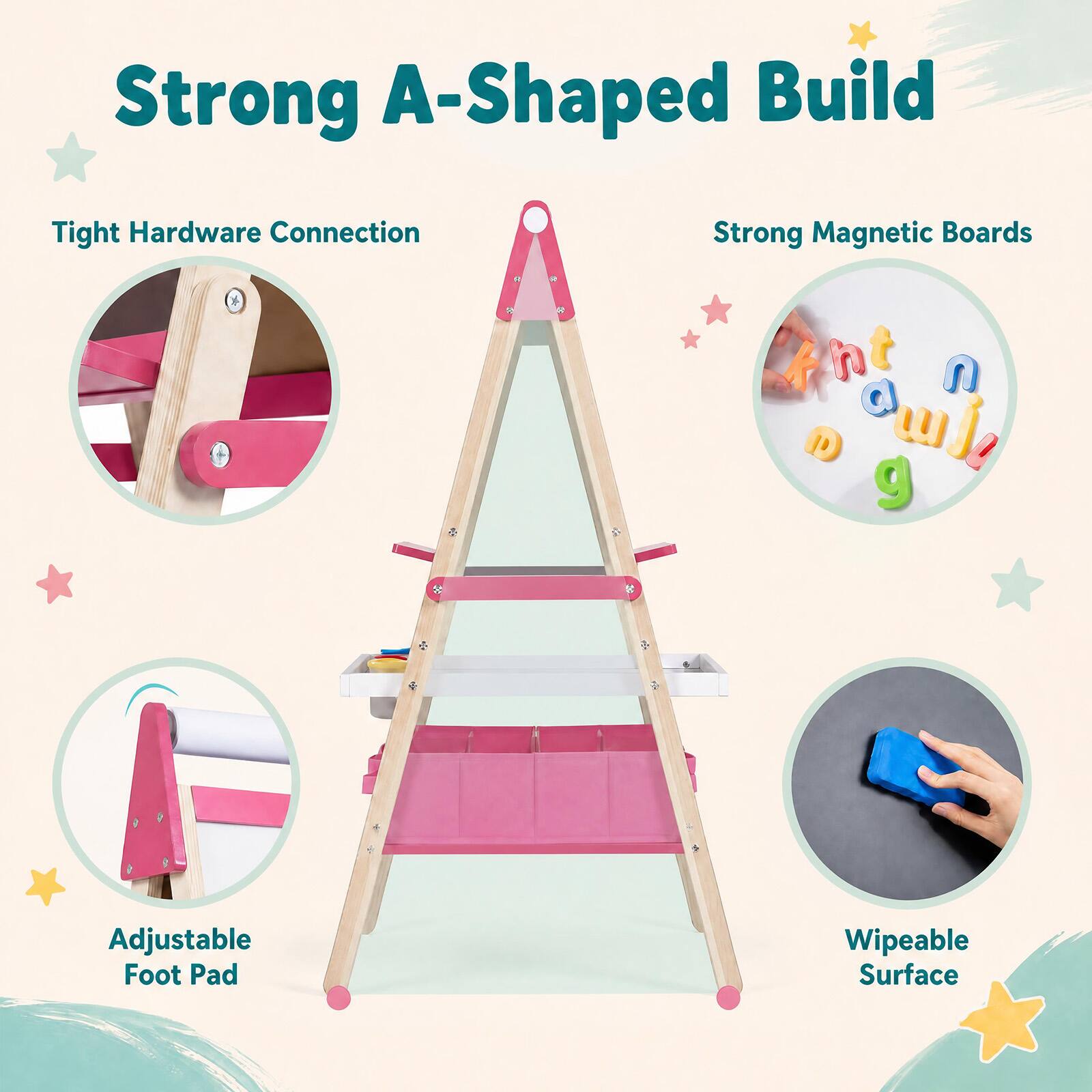 Strong A-Shaped Build  
Tight Hardware Connection  
Strong Magnetic Boards  
Adjustable Foot Pad  
Wipeable Surface