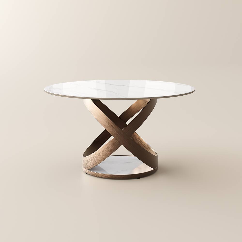 Alt View 9. POVISON - 51" Modern White Round Dining Table for 4, Glossy Sintered Stone Tabletop with Bronze X Carbon Steel Base - White Glossy Sintered Stone with Bronze.