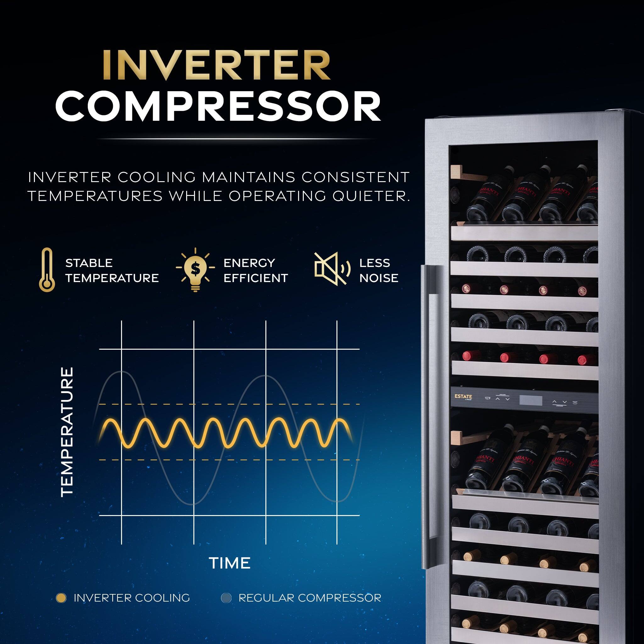 INVERTER COMPRESSOR

INVERTER COOLING MAINTAINS CONSISTENT TEMPERATURES WHILE OPERATING QUIETER.

- STABLE TEMPERATURE
- ENERGY EFFICIENT
- LESS NOISE

INVERTER COOLING REGULAR COMPRESSOR

INVERTER COOLING MAINTAINS CONSISTENT TEMPERATURES WHILE OPERATING QUIETER.

EANY STABLE TEMPERATURE TEMPERATURE ENERGY LESS $ EFFICIENT A NOISE TIME ESTATE.