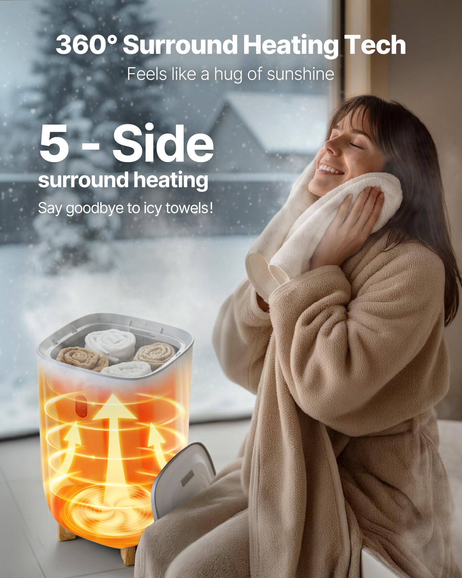 360° Surround Heating Tech  
Feels like a hug of sunshine  

5 - Side surround heating  
Say goodbye to icy towels!