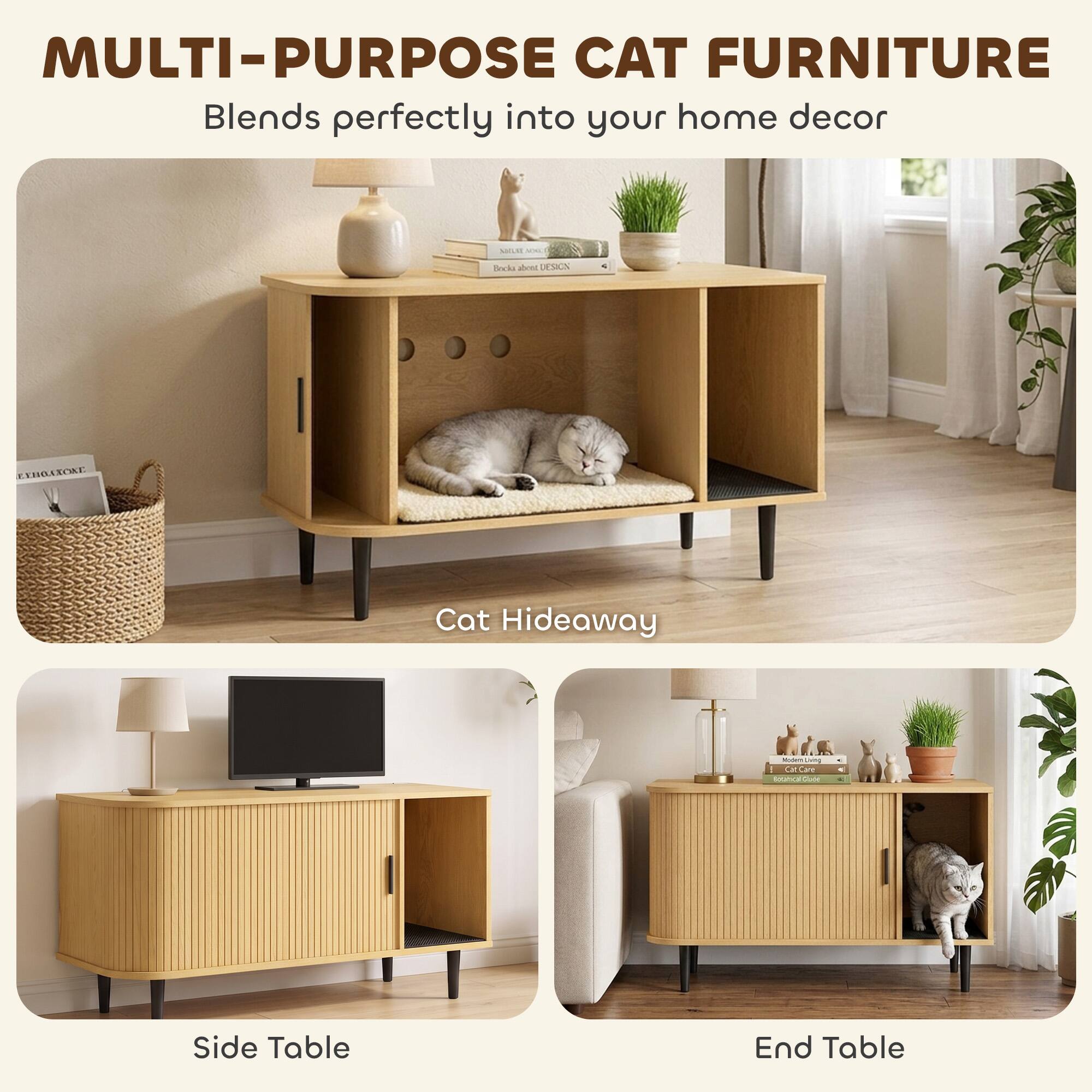 MULTI-PURPOSE CAT FURNITURE  
Blends perfectly into your home decor

Cat Hideaway  
Side Table  
End Table