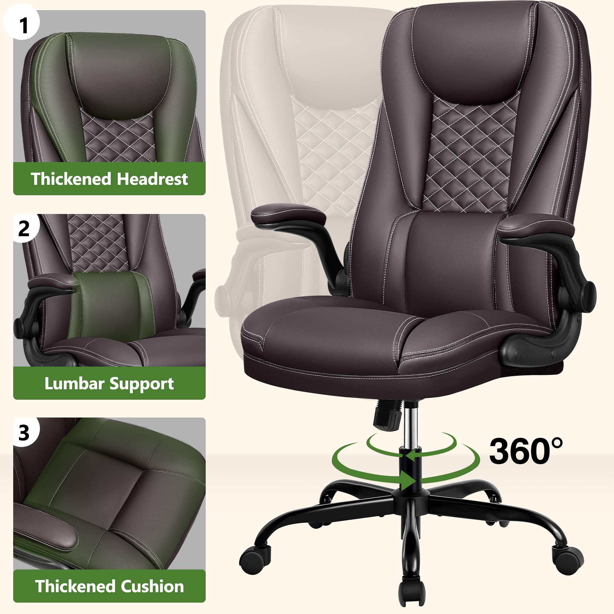 1. Thickened Headrest  
2. Lumbar Support  
3. 360° Thickened Cushion