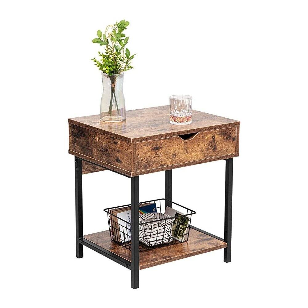 Left. JJS - Bedside Table With Drawer And Storage Shelves - Rustic Brown.