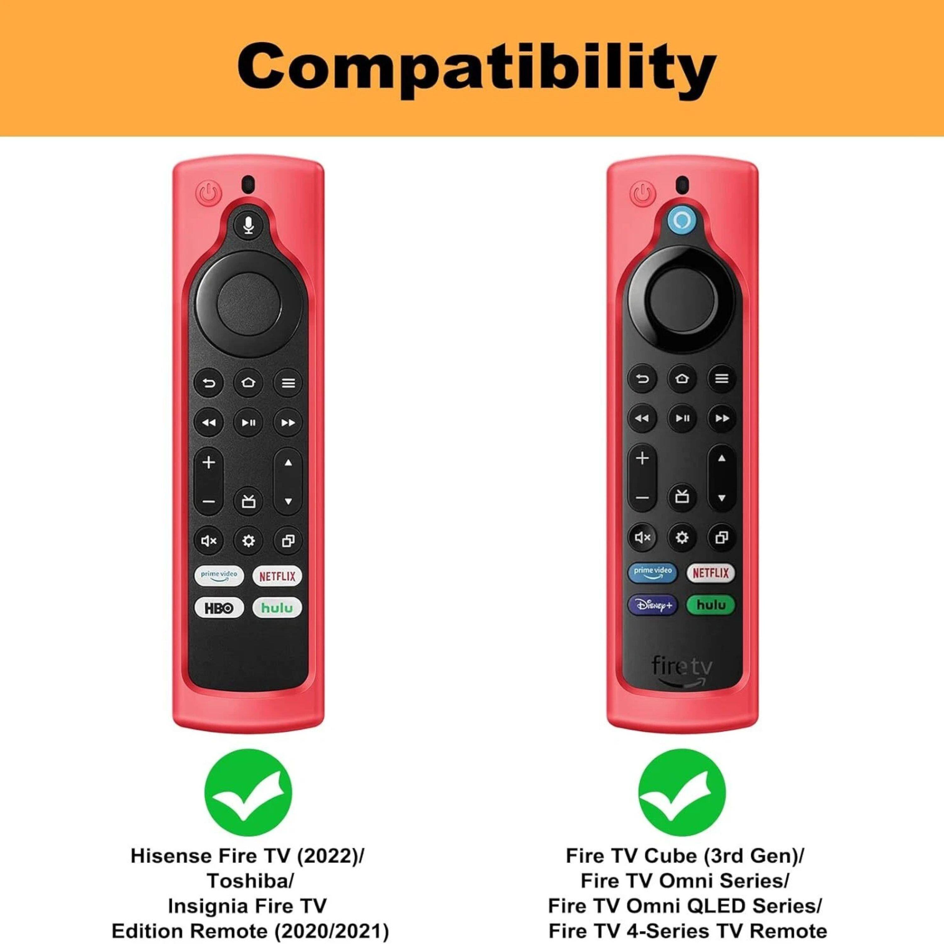 Compatibility

- Hisense Fire TV (2022)/ Toshiba/ Insignia Fire TV Edition Remote (2020/2021)
- Fire TV Cube (3rd Gen)/ Fire TV Omni Series/ Fire TV Omni QLED Series/ Fire TV 4-Series TV Remote

Streaming Services:
- Prime Video
- Netflix
- HBO
- Hulu
- Disney+