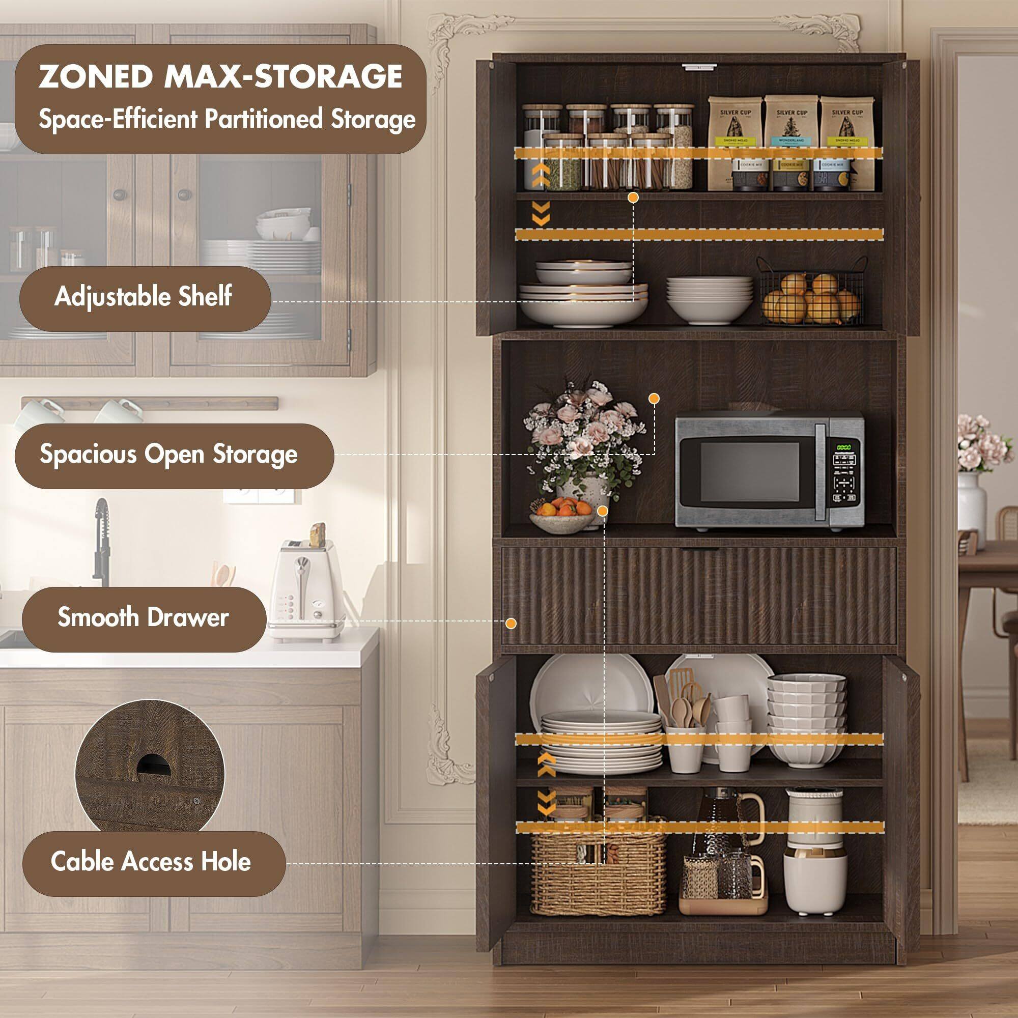 ZONED MAX-STORAGE  
Space-Efficient Partitioned Storage

- Adjustable Shelf
- Spacious Open Storage
- Smooth Drawer
- Cable Access Hole