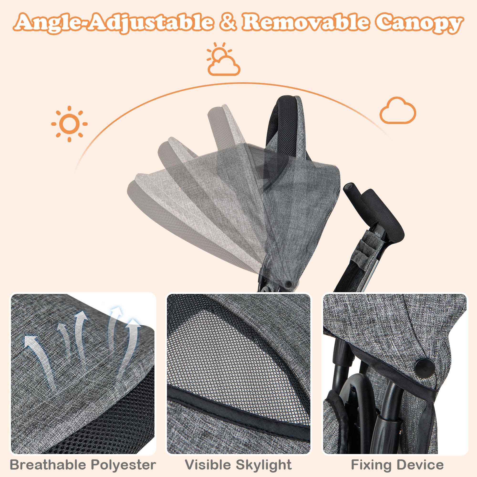 Angle-Adjustable & Removable Canopy

- Breathable Polyester
- Visible Skylight
- Fixing Device