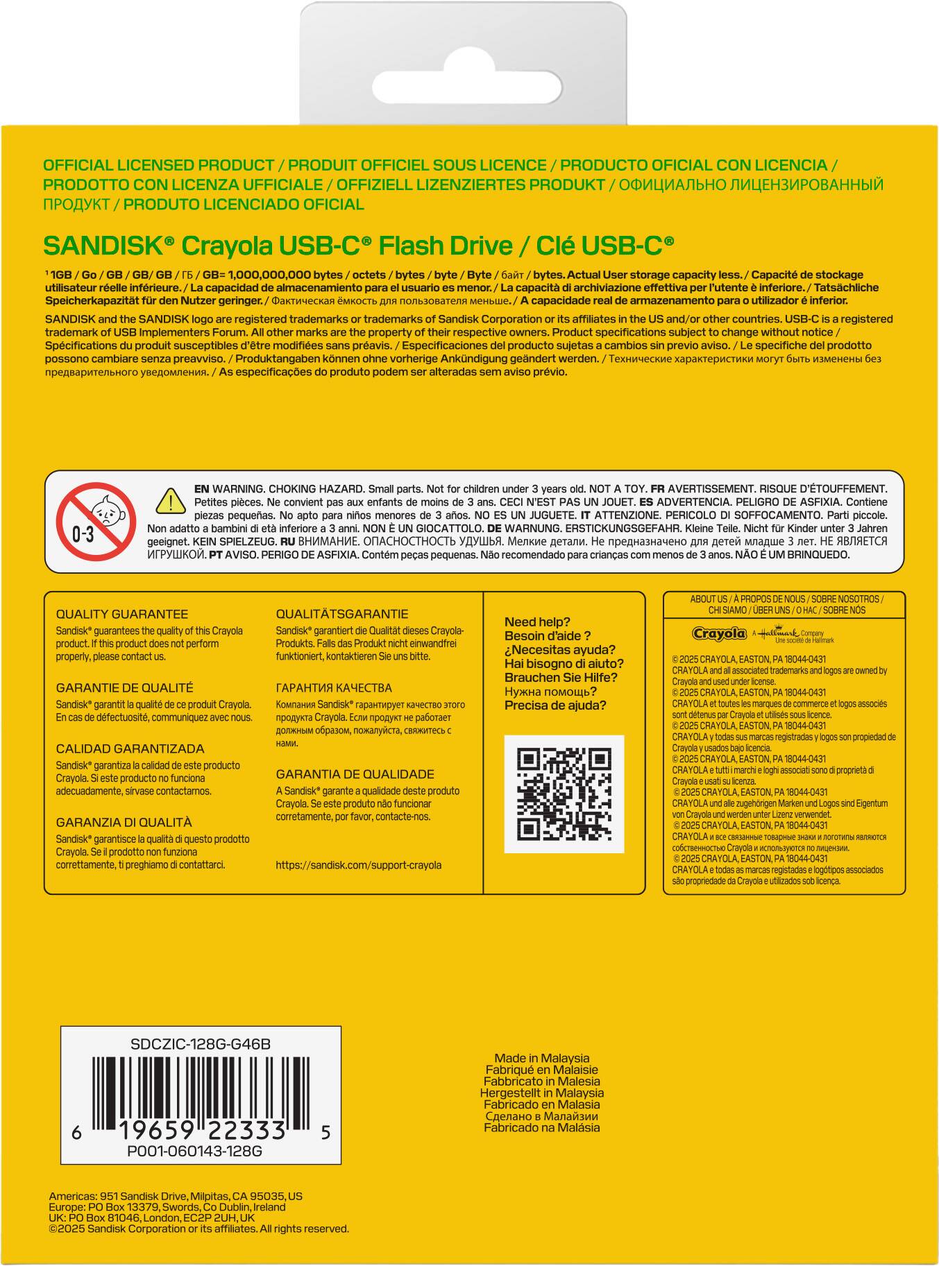 **OFFICIAL LICENSED PRODUCT / PRODUIT OFFICIEL SOUS LICENCE / PRODUCTO OFICIAL CON LICENCIA / PRODOTTO CON LICENZA UFFICIALE / OFFIZIELL LIZENZIERTES PRODUKT / PRODUKT LICENCIADO OFICIAL**

**SANDISK® Crayola USB-C® Flash Drive / Clé USB-C®**

*1 GB / 0 Go / 0 GB / 0 GB / 0 GB / 1,000,000,000 bytes / octets / bytes / byte / Byte / байт / bytes. Actual User storage capacity less / Capacité de stockage utilisateur inférieure. capacidad almacenamiento capacit archiviazione effettiva l'utente Speicherkapazität geringer. capacidade armazenamento utilizador SANDISK SANDISK registered trademarks trademarks Sandisk Corporation or its affiliates in the US and/or other countries. USB-C is a registered trademark of USB Implementers Forum. All other marks are the property of their respective owners. Product specifications subject to change without notice / Les spécifications du produit sont susceptibles d'être modifiées sans préavis. / Especificaciones
