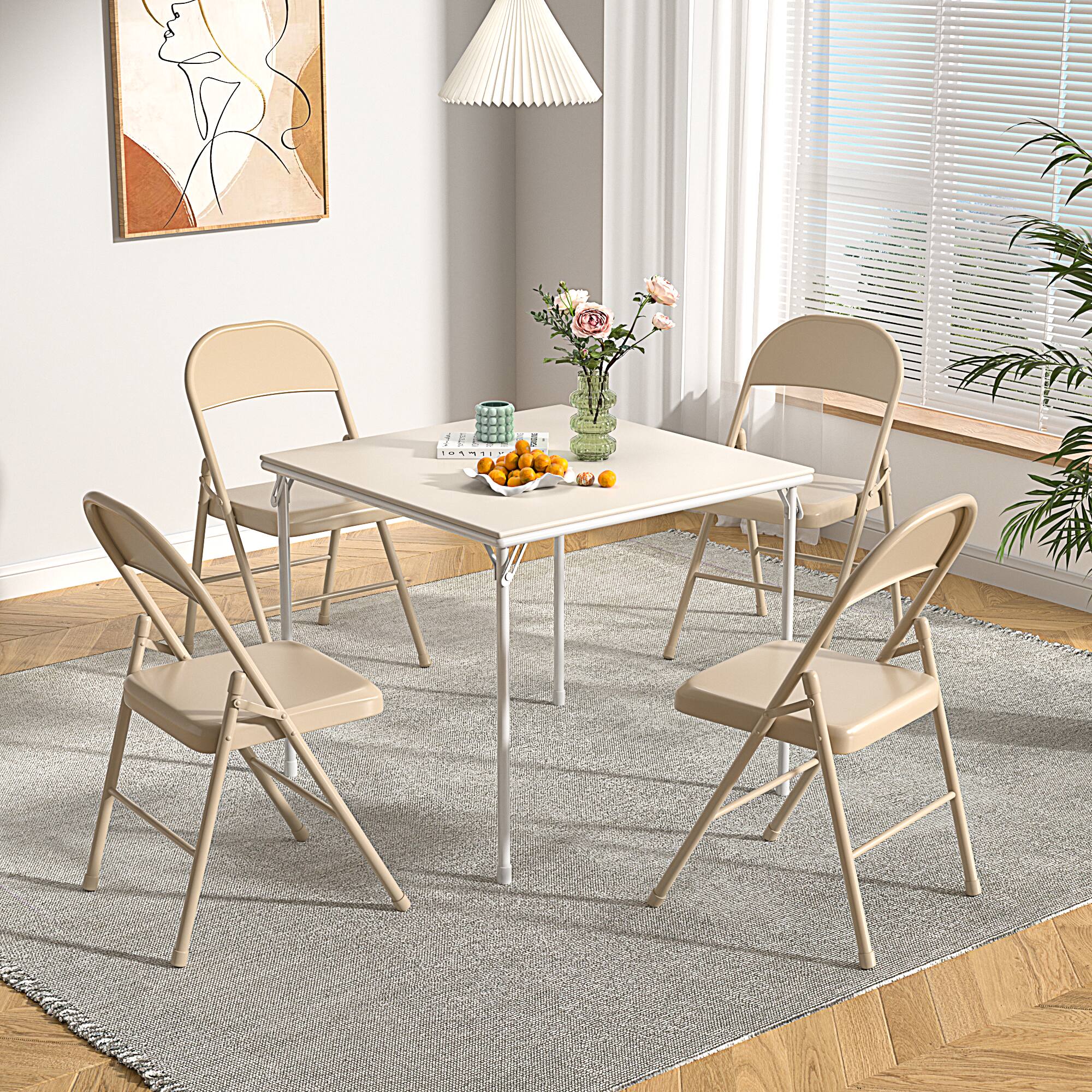 Left. Vecelo - Folding Card Table - 140 lbs, Camping Table, Suitable for Poker, Games and Indoor and Outdoor, Portable Design - Beige.