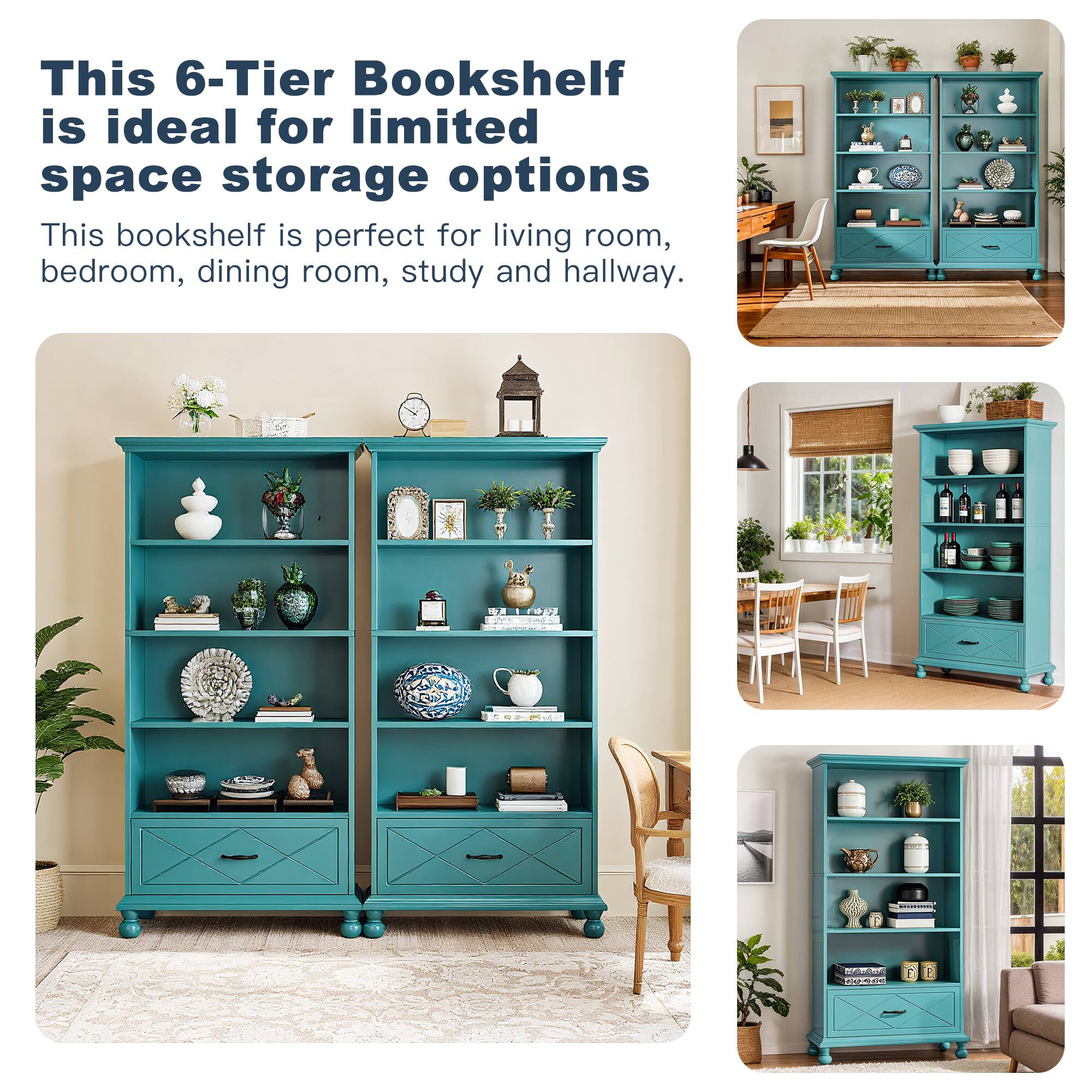 This 6-Tier Bookshelf is ideal for limited space storage options.

This bookshelf is perfect for living room, bedroom, dining room, study and hallway.