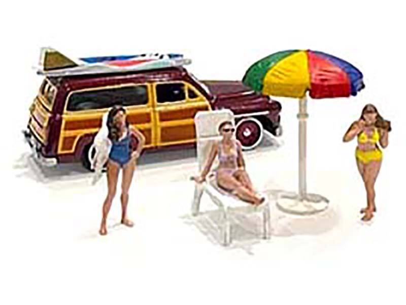 Alt View 1. American Diorama - "Beach Girls" 5 piece Set (3 Figures, 1 Beach Chaise and 1 Beach Umbrella) for 1/64 Scale Models by American Diorama.