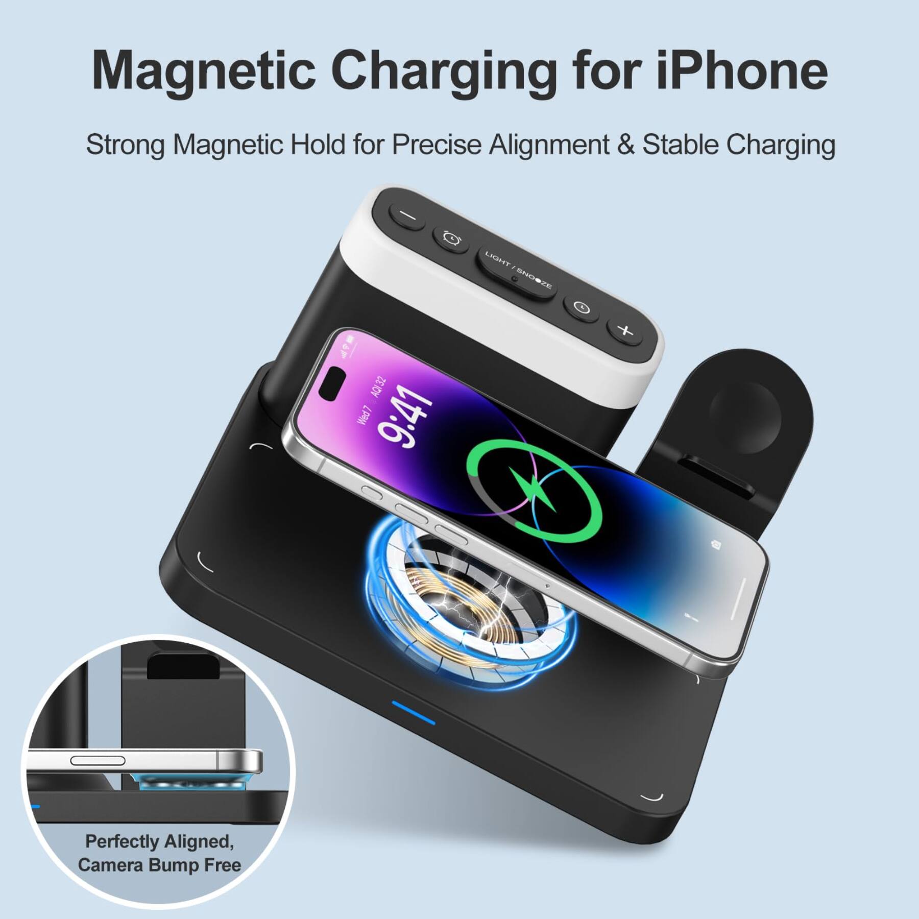 Magnetic Charging for iPhone  
Strong Magnetic Hold for Precise Alignment & Stable Charging  

AQI 32 Wed 7 9:41  
LIGHT - SNOOZE  

Perfectly Aligned, Camera Bump Free