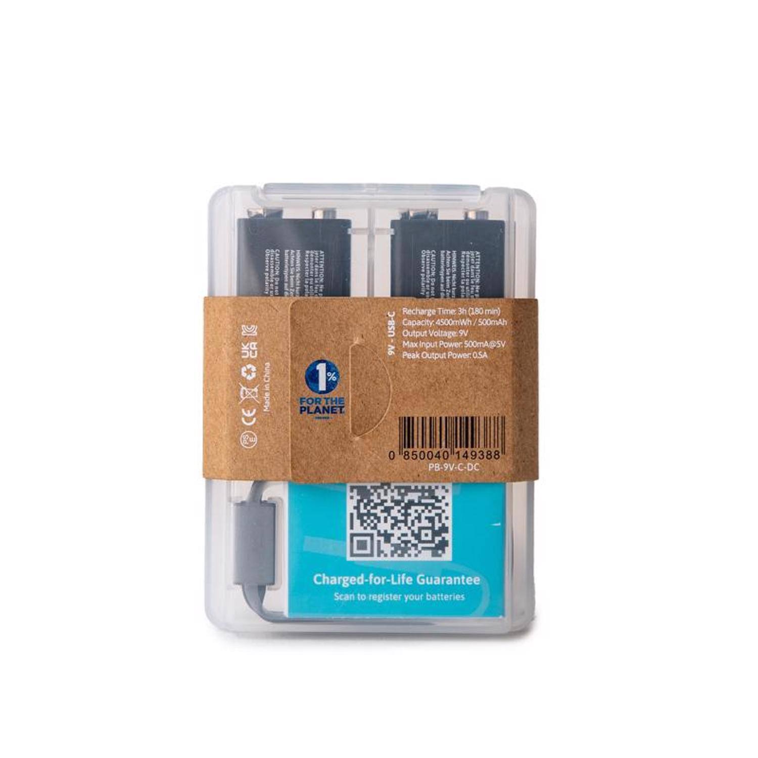 CR CE  
China in Made  
1% FOR THE PLANET  
Recharge Time: 3h (180 min)  
USB-C  
Capacity: 4500mWh / 500mAh  
Output Voltage: 9V  
Max Input Power: 500mA@9V  
Peak Output Power: 0.5A  
O.SA  
0 850040 149388  
PB-9V-C-DC  
Charged-for-Life Guarantee  
Scan to register your batteries