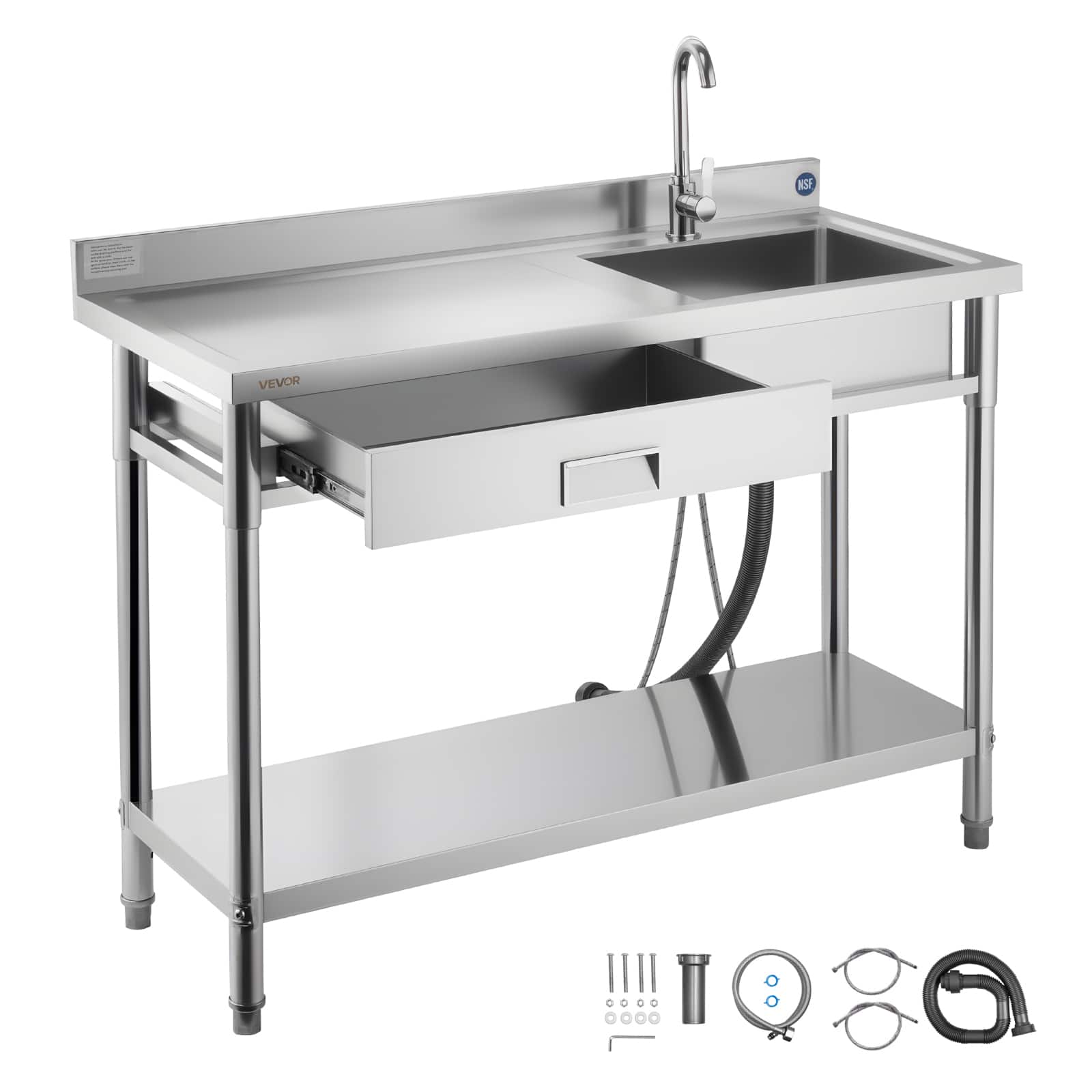 VEVOR - Stainless Steel Utility Sink, Rolling Single Bowl Commercial Kitchen Sink with Drawer, Faucet and Hot & Cold Water Pipe - Stainless steel color