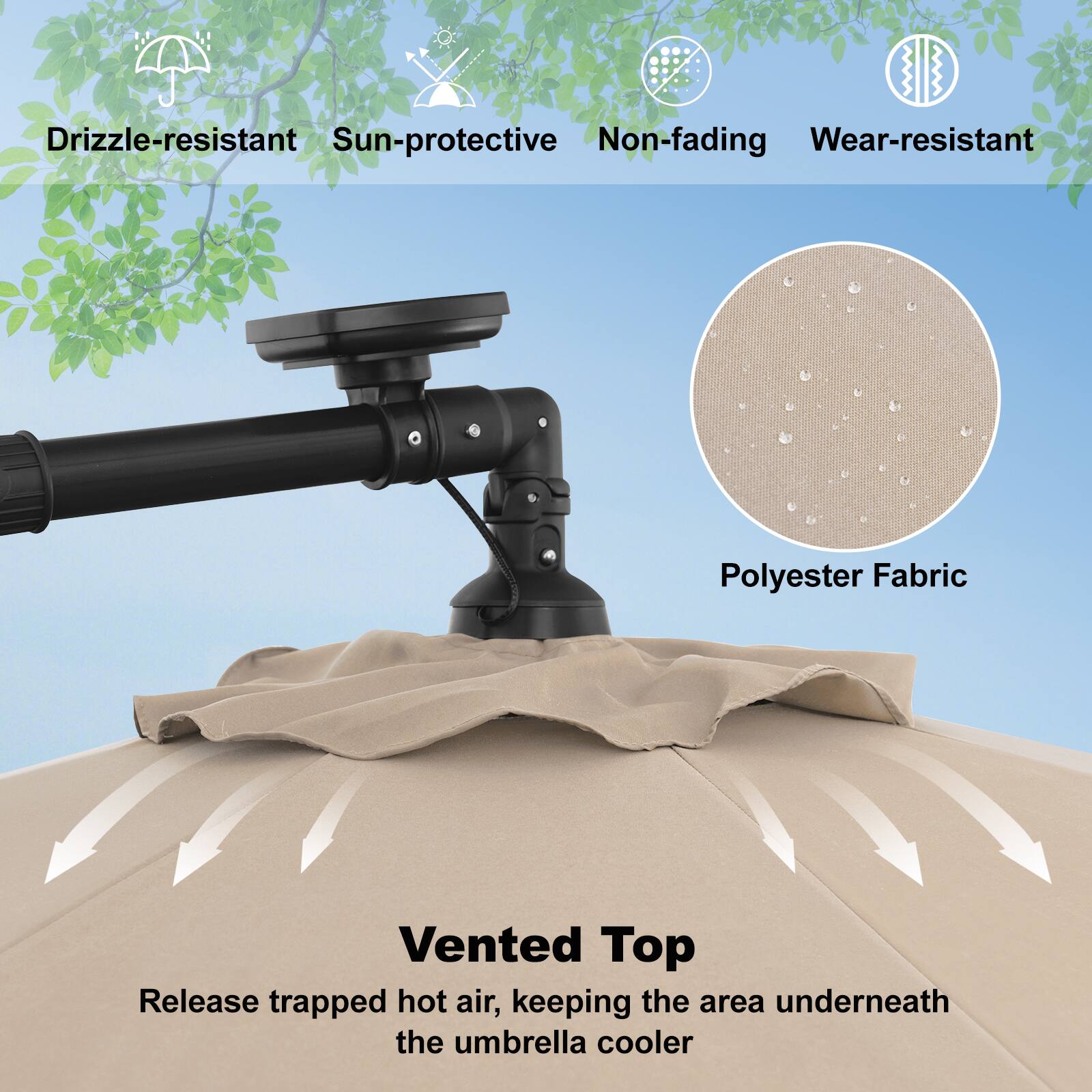 The image features a black umbrella with a brown canopy, which is made of polyester fabric. The umbrella is described as drizzle-resistant, sun-protective, non-fading, and wear-resistant. Additionally, the umbrella has a vented top, which helps release trapped hot air, keeping the area underneath cooler.