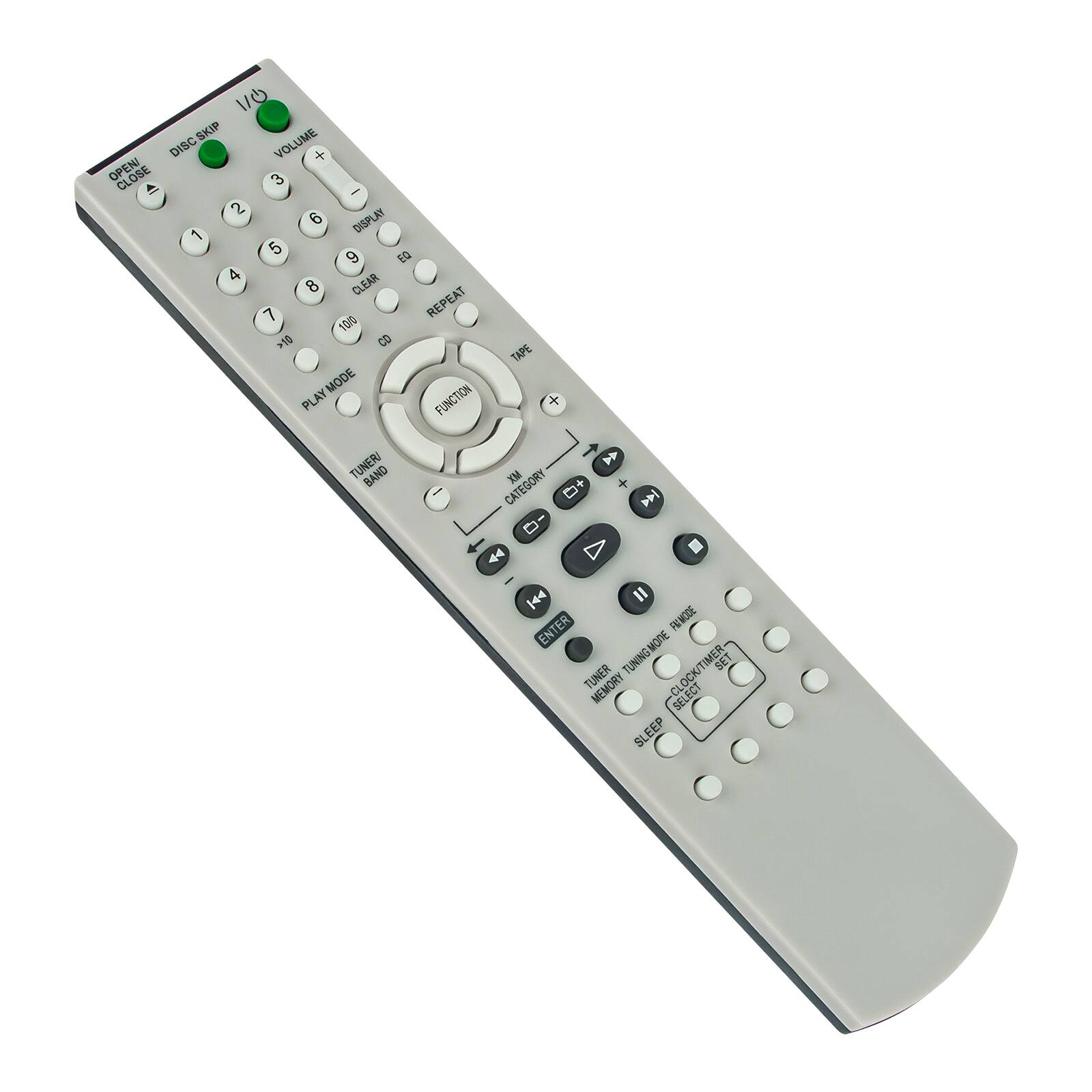 CI SKIP VOLUME DISC + OPEN/ CLOSE 3 I 2 6 DISPLAY 1 5 9 EQ 4 8 CLEAR REPEAT 7 10/0 01< CD TAPE PLAY MODE FUNCTION + TUNERI  BAND CATEGORY VEX  +  D- AA A I AA " ENTER FAI MODE TUNER TUNINGMONE CLOCK/TIMER- SET MEMORY SELECT SLEEP