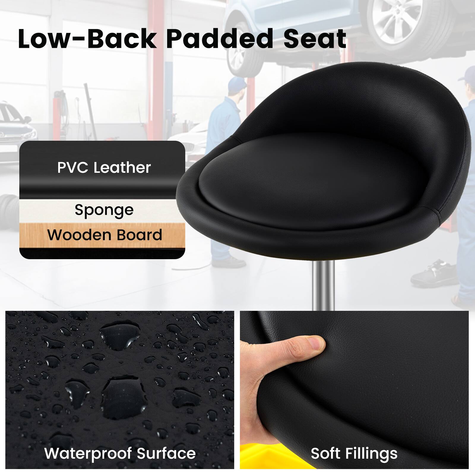 Low-Back Padded Seat: PVC Leather, Sponge, Wooden Board, Waterproof Surface, Soft Fillings.