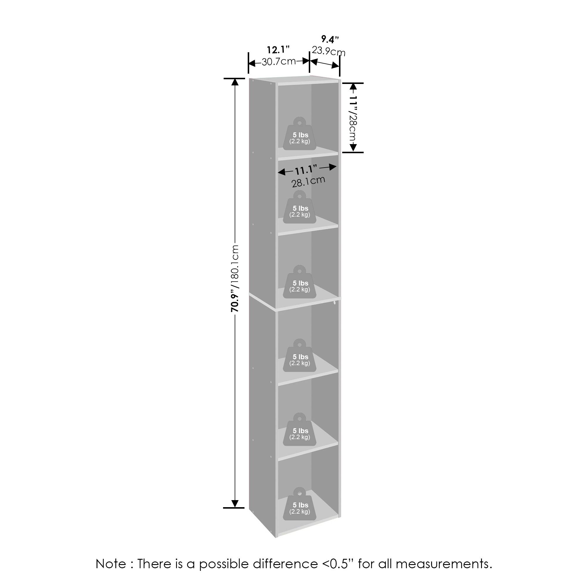 9.4" (23.9cm)  
12.1" (30.7cm)  
11.1" (28.1cm)  
11" (28cm)  
70.9" (180.1cm)  
5 lbs (2.2 kg)  
Note: There is a possible difference <0.5" for all measurements.