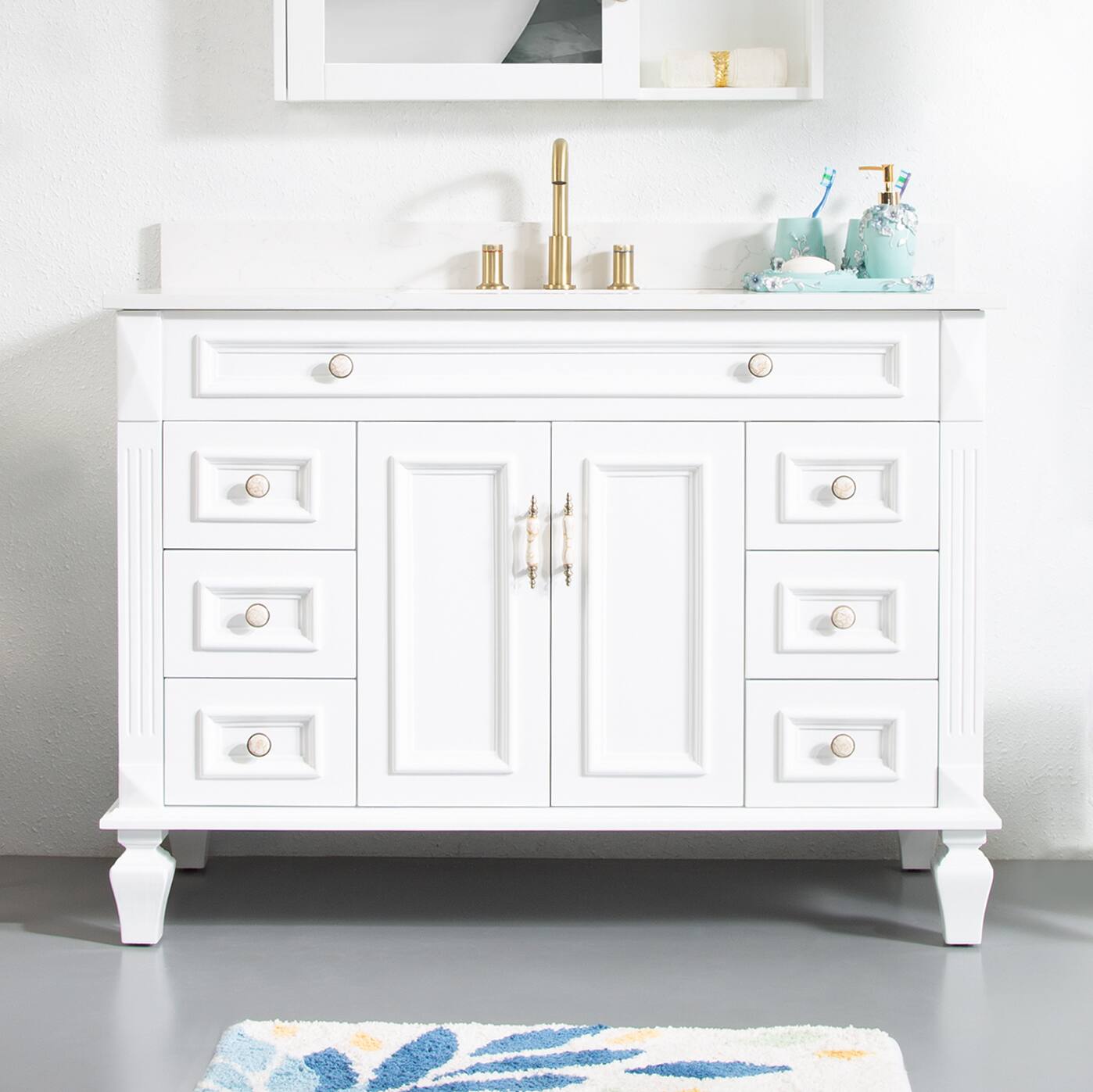Front. WELLFOR - ARTWOOD 48 in. Solid Wood Bath Vanity with Quartz Top, Single Sink, Soft Close, Assembled - White.