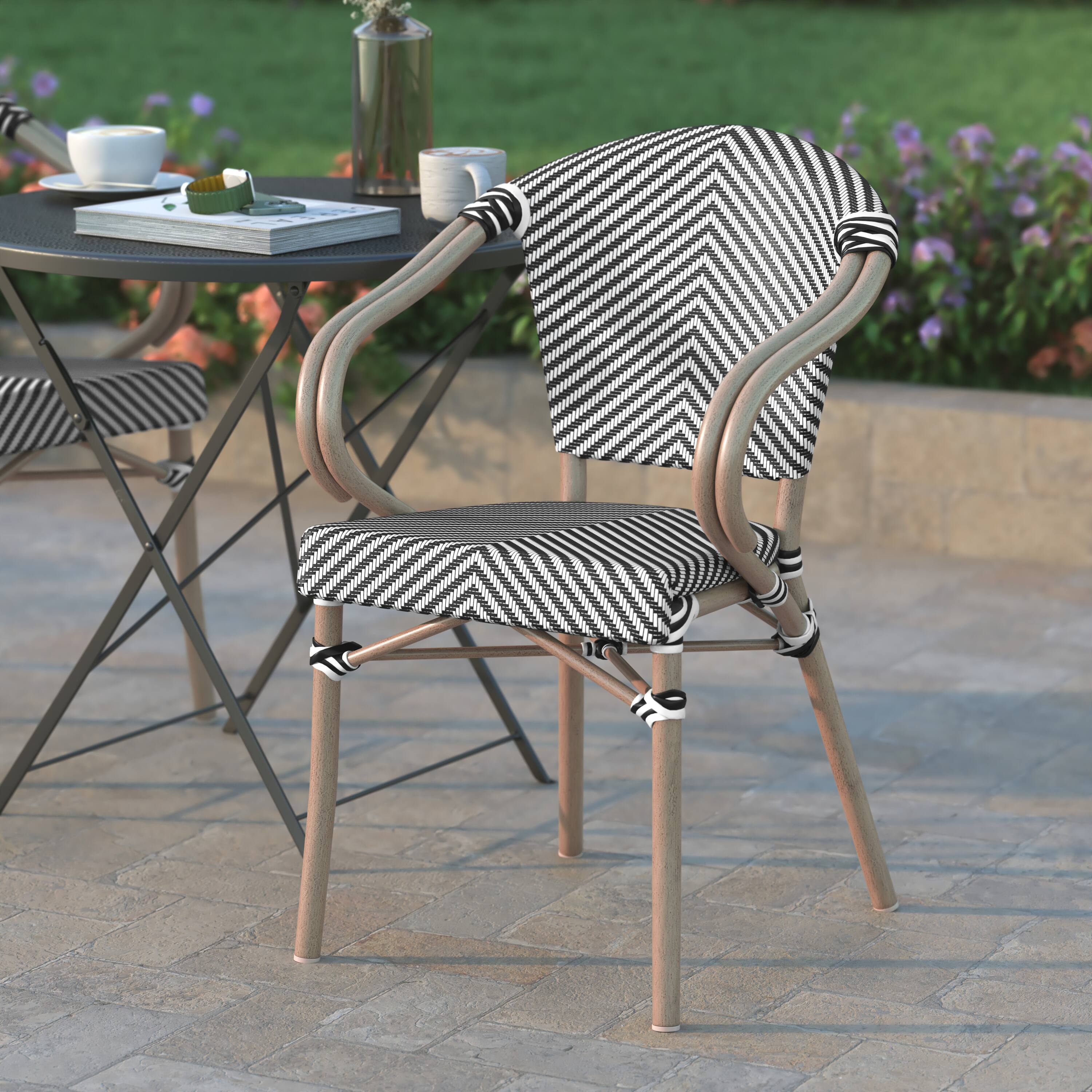 Alt View 3. Emma + Oliver - Massalia Indoor/Outdoor Stacking Thonet Bistro Style Chair with Arms, Textilene Seat and Bamboo Finished Metal Frame - Black & White/Light Natural Frame.