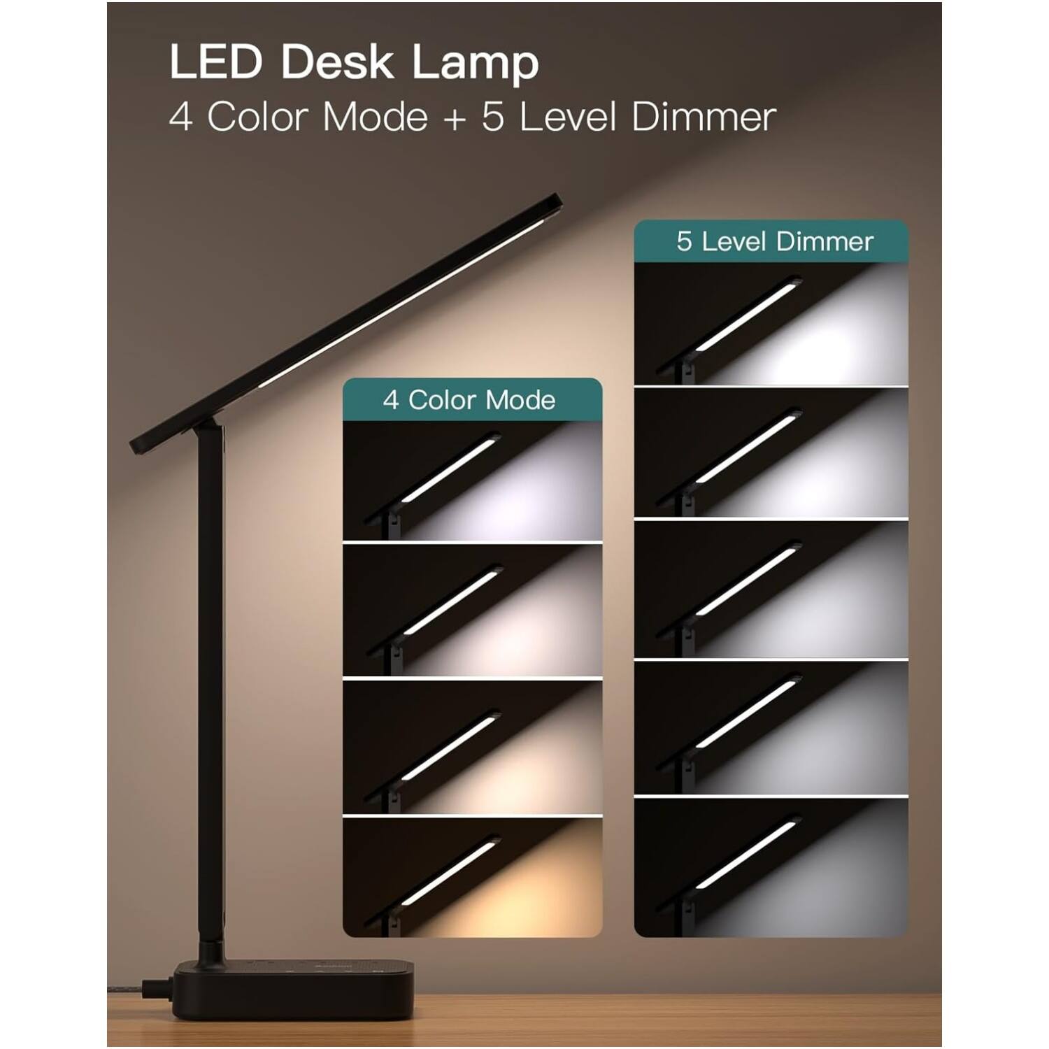LED Desk Lamp  
4 Color Mode + 5 Level Dimmer  

4 Color Mode  
5 Level Dimmer