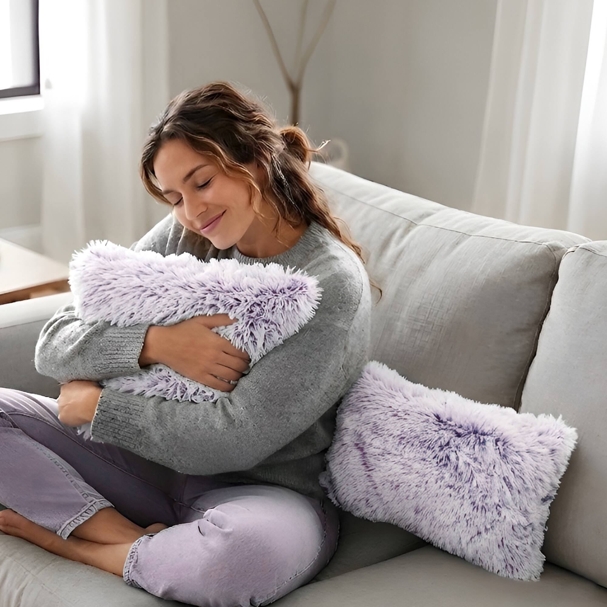 Angle. Cheer Collection - Plush Shaggy Long Hair Faux Fur Lumbar Accent Pillows with Inserts, 12 x 20 in, Set of 2 - Purple Ombre - Purple Ombre.