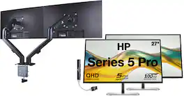 HP - Series 5 Pro 27" QHD IPS Monitor, Flicker Free, Displayport, HDMI, 2 Pack w/DKZ Hub & ErgoFlexy Dual Mount Arms - Silver/Black