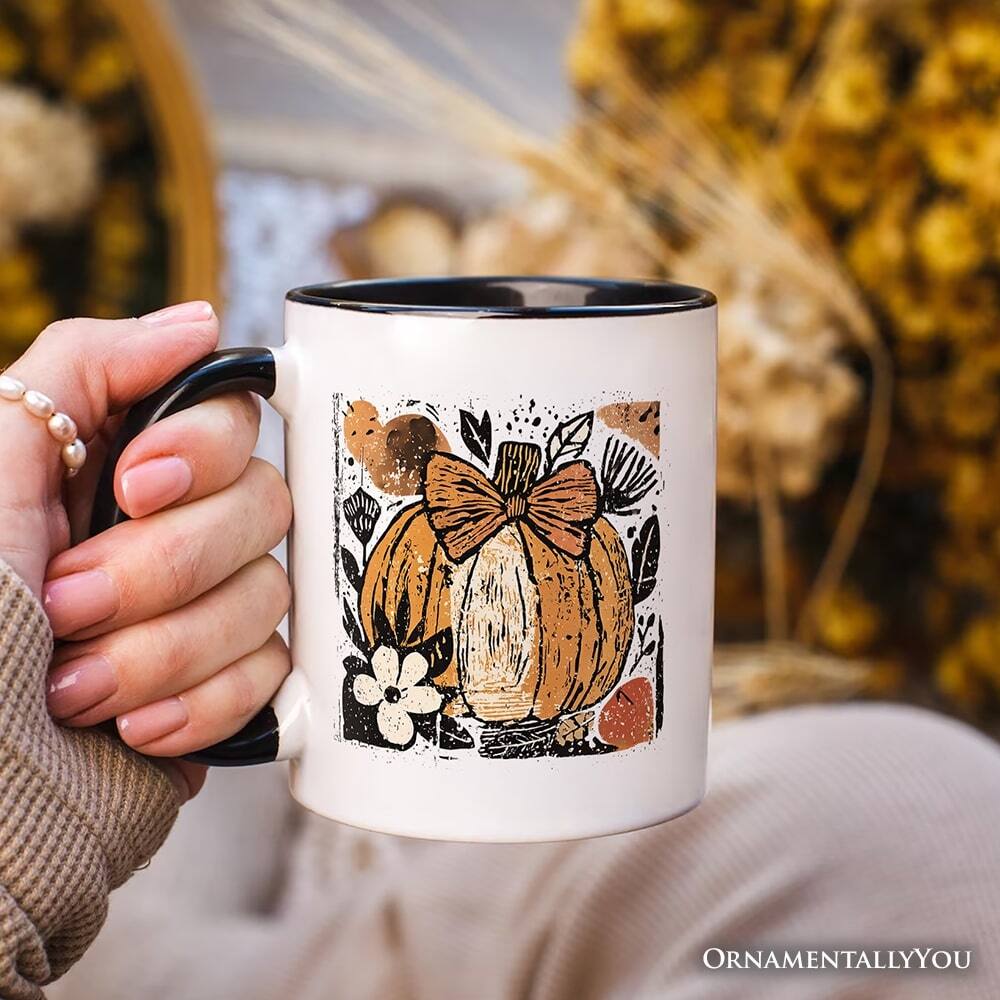 Left. OrnamentallyYou - Pumpkin Fall Floral Mug, Thanksgiving Coquette Bow Gift - White.