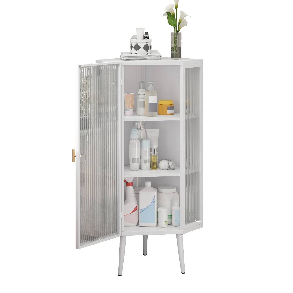 Alt View 7. Loheer - Loheer White Floor Corner Cabinet, Freestanding Metal Storage with Tempered Glass Doors for Bathroom - White.
