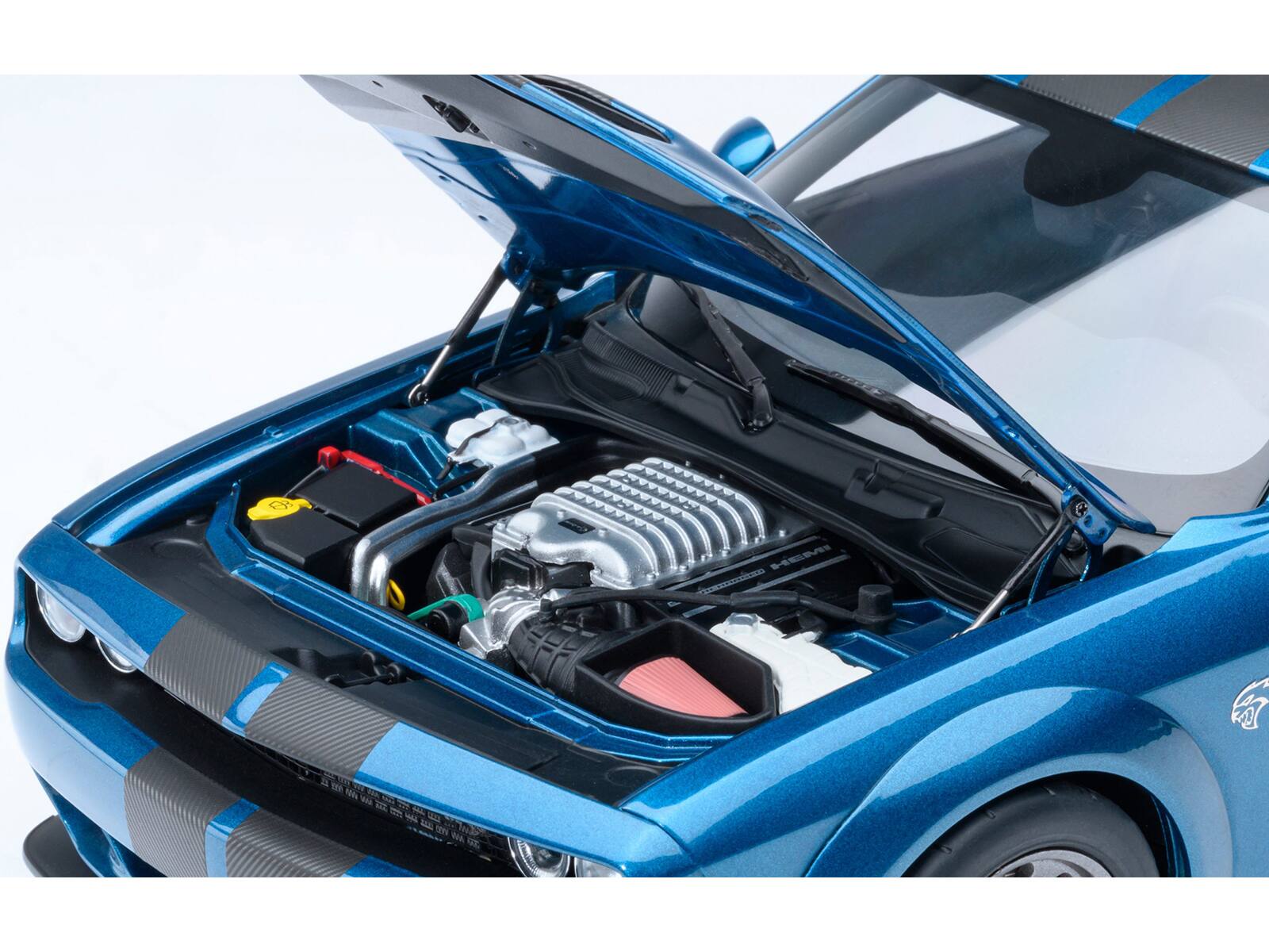 Alt View 2. Autoart - 2023 Dodge Challenger SRT Super Stock Frostbite Blue Metallic with Carbon Stripes 1/18 Model Car by Autoart.